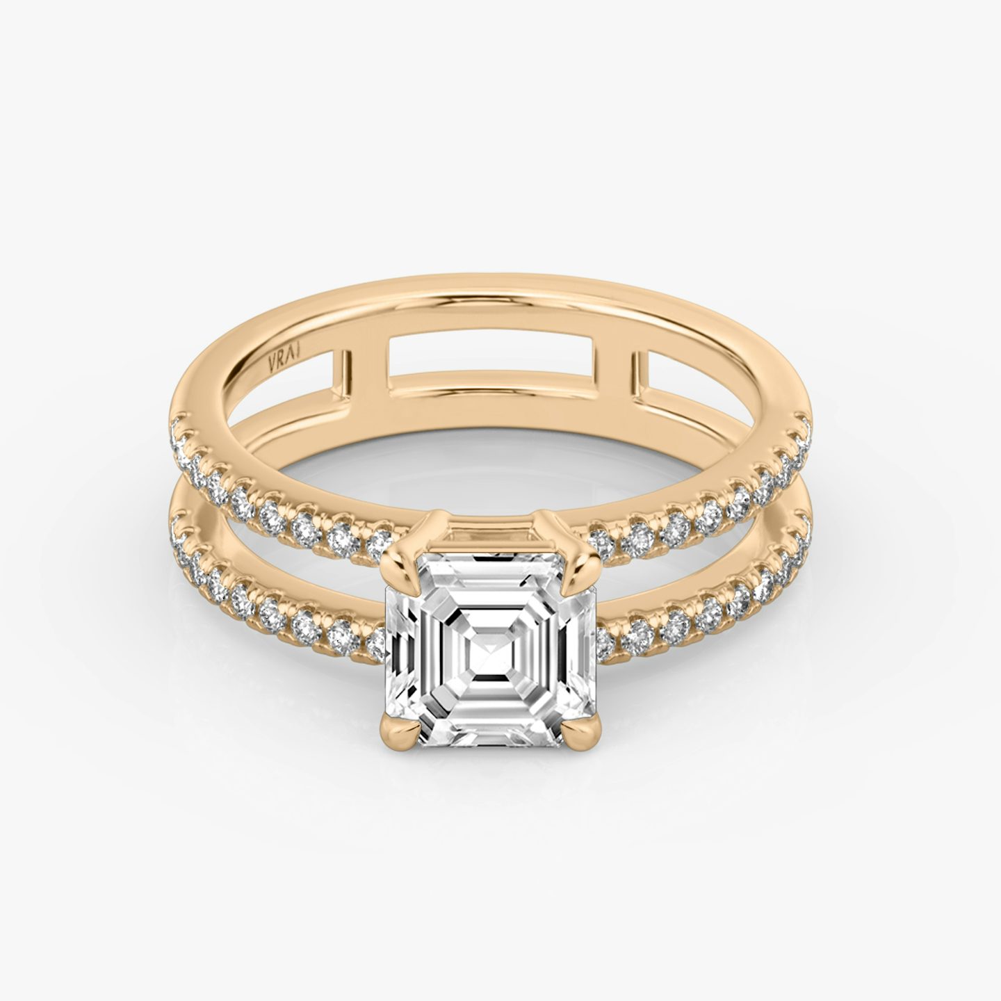 The Double Band | Asscher | 14k | 14k Rose Gold | Band: Pavé | Band stone shape: Round Brilliant | Diamond orientation: vertical | Carat weight: See full inventory