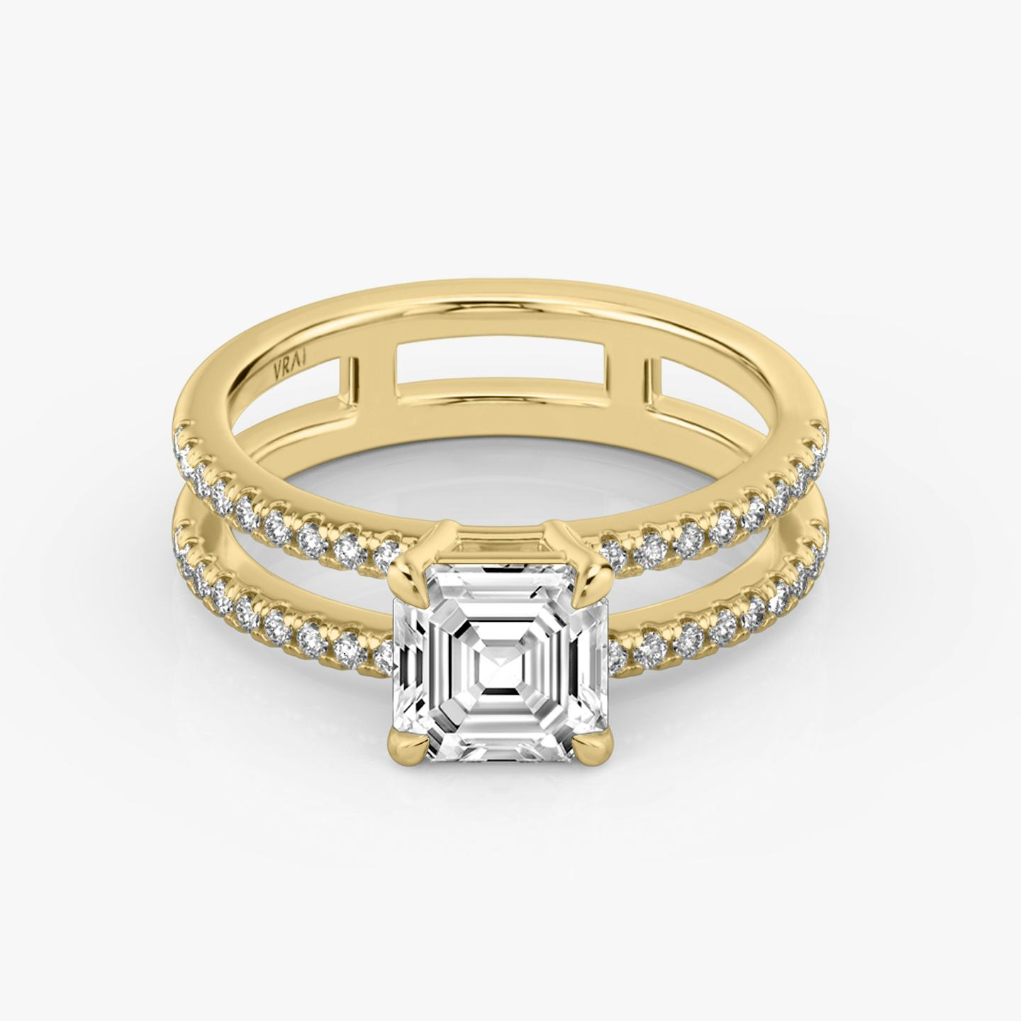 The Double Band | Asscher | 18k | 18k Yellow Gold | Band: Pavé | Band stone shape: Round Brilliant | Diamond orientation: vertical | Carat weight: See full inventory