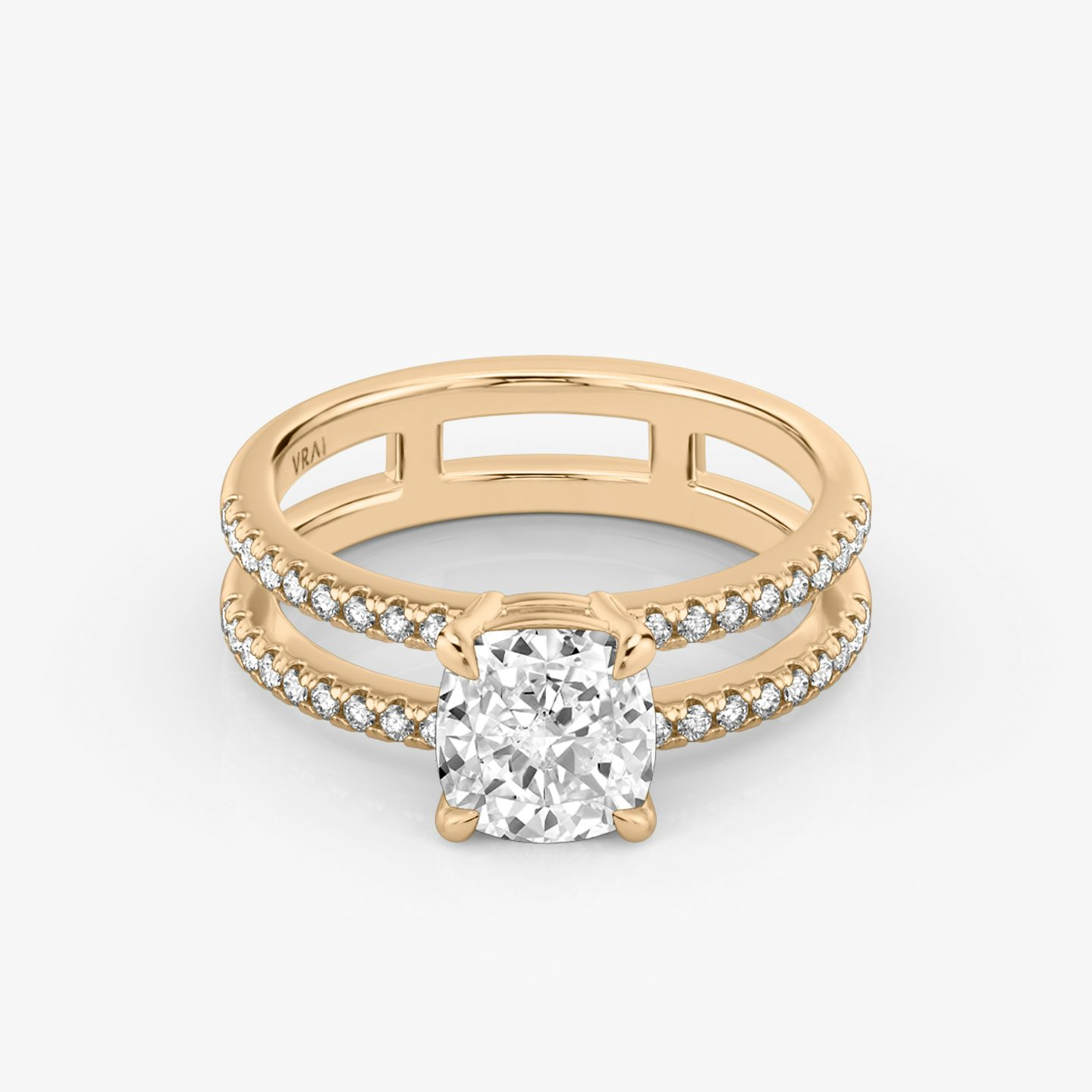 The Double Band | Pavé Cushion | 14k | 14k Rose Gold | Band: Pavé | Band stone shape: Round Brilliant | Diamond orientation: vertical | Carat weight: See full inventory