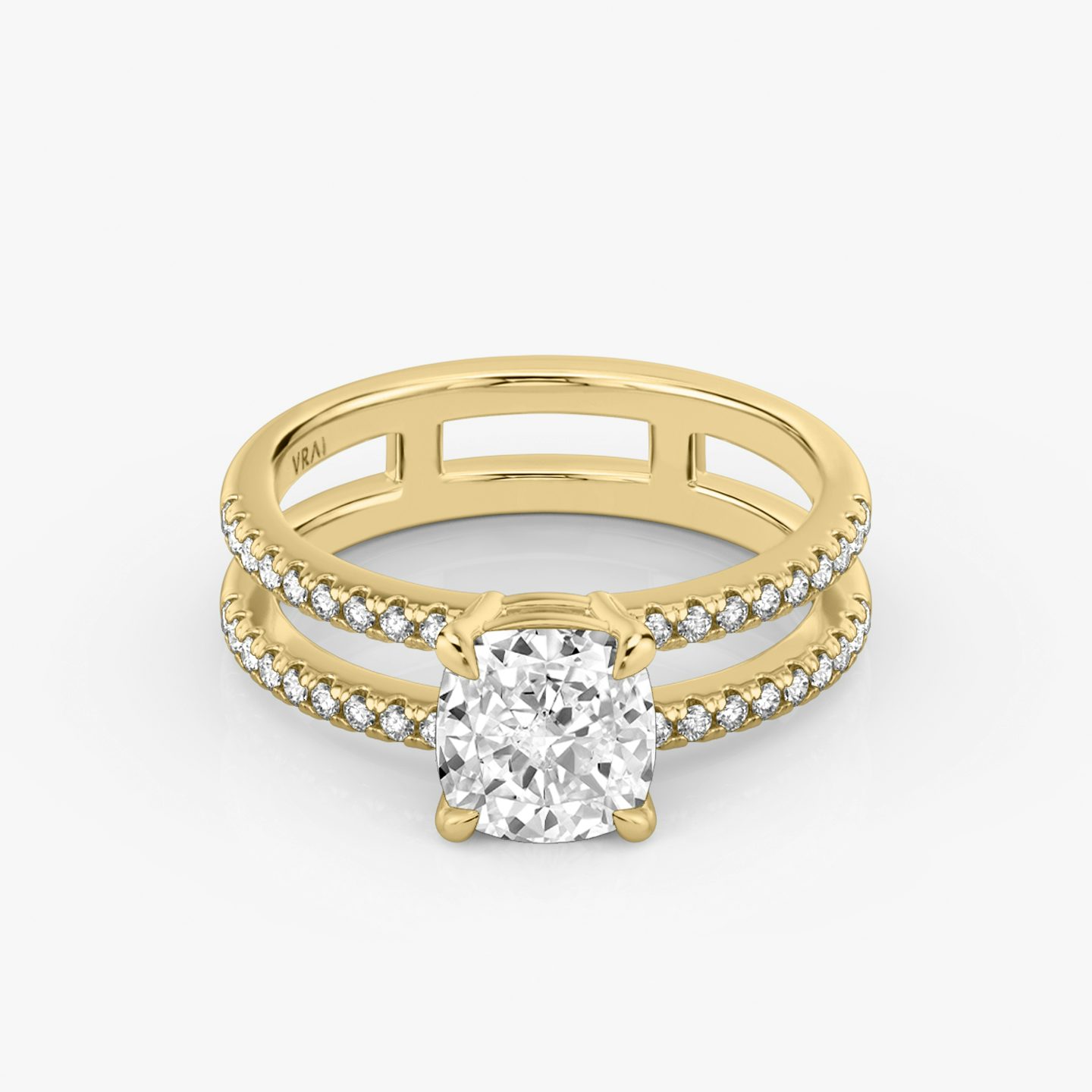 The Double Band | Pavé Cushion | 18k | 18k Yellow Gold | Band: Pavé | Band stone shape: Round Brilliant | Diamond orientation: vertical | Carat weight: See full inventory