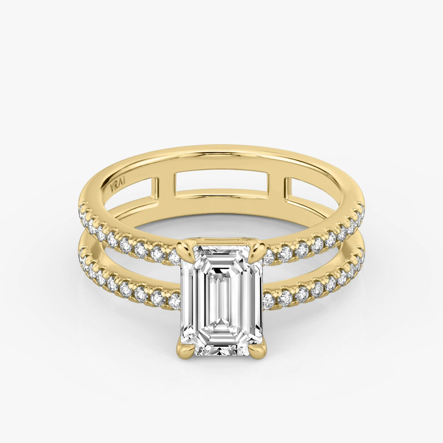 The Double Band | Emerald | 18k | 18k Yellow Gold | Band: Pavé | Band stone shape: Round Brilliant | Diamond orientation: vertical | Carat weight: See full inventory