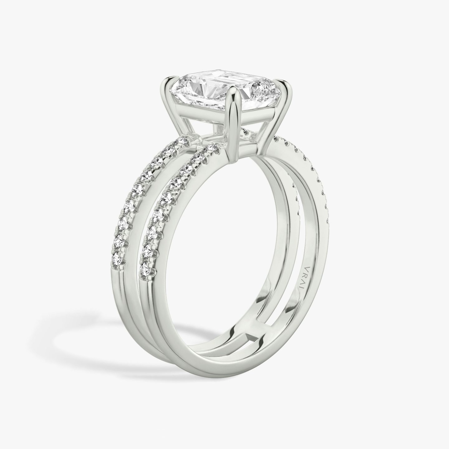 The Double Band | Radiant | Platinum | Band: Pavé | Band stone shape: Round Brilliant | Diamond orientation: vertical | Carat weight: See full inventory