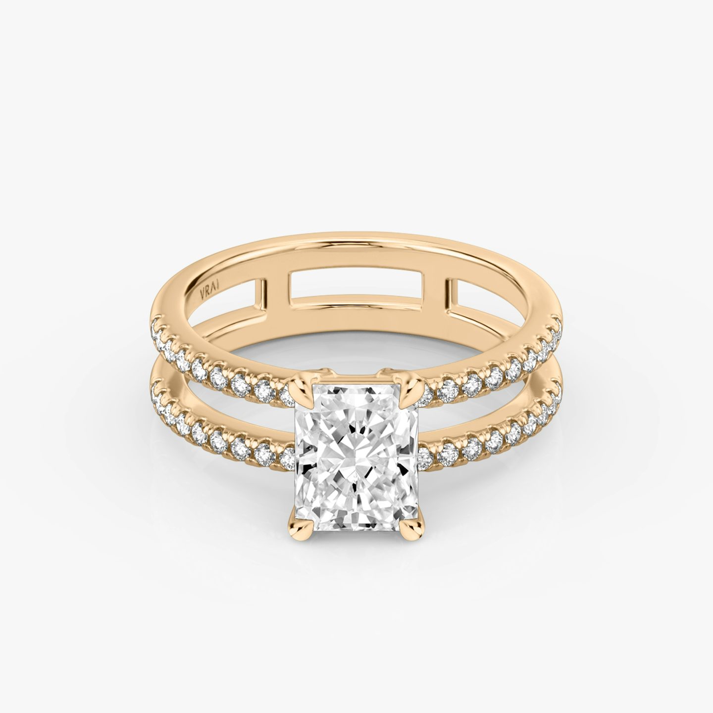The Double Band | Radiant | 14k | 14k Rose Gold | Band: Pavé | Band stone shape: Round Brilliant | Diamond orientation: vertical | Carat weight: See full inventory