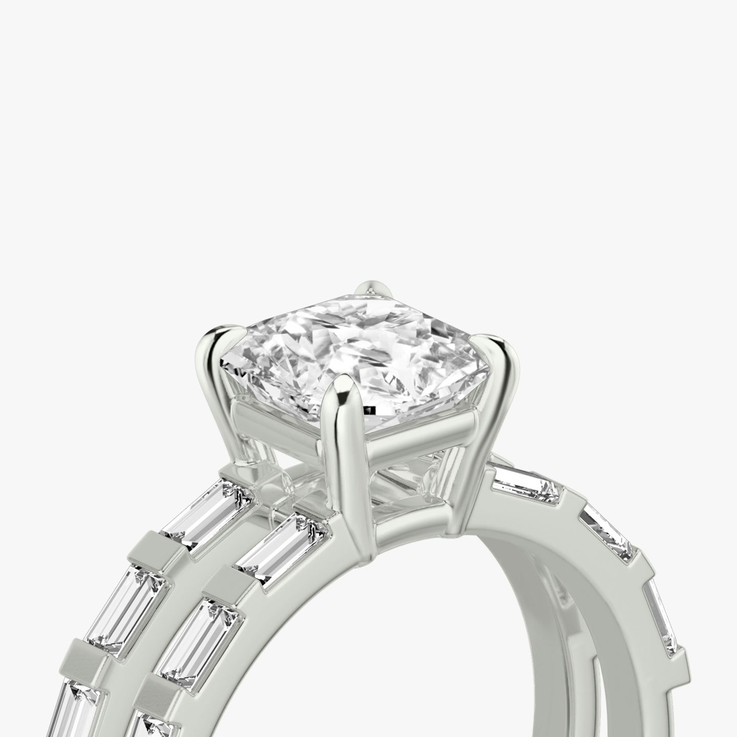 The Double Band | Asscher | Platinum | Band: Pavé | Band stone shape: Baguette | Diamond orientation: vertical | Carat weight: See full inventory