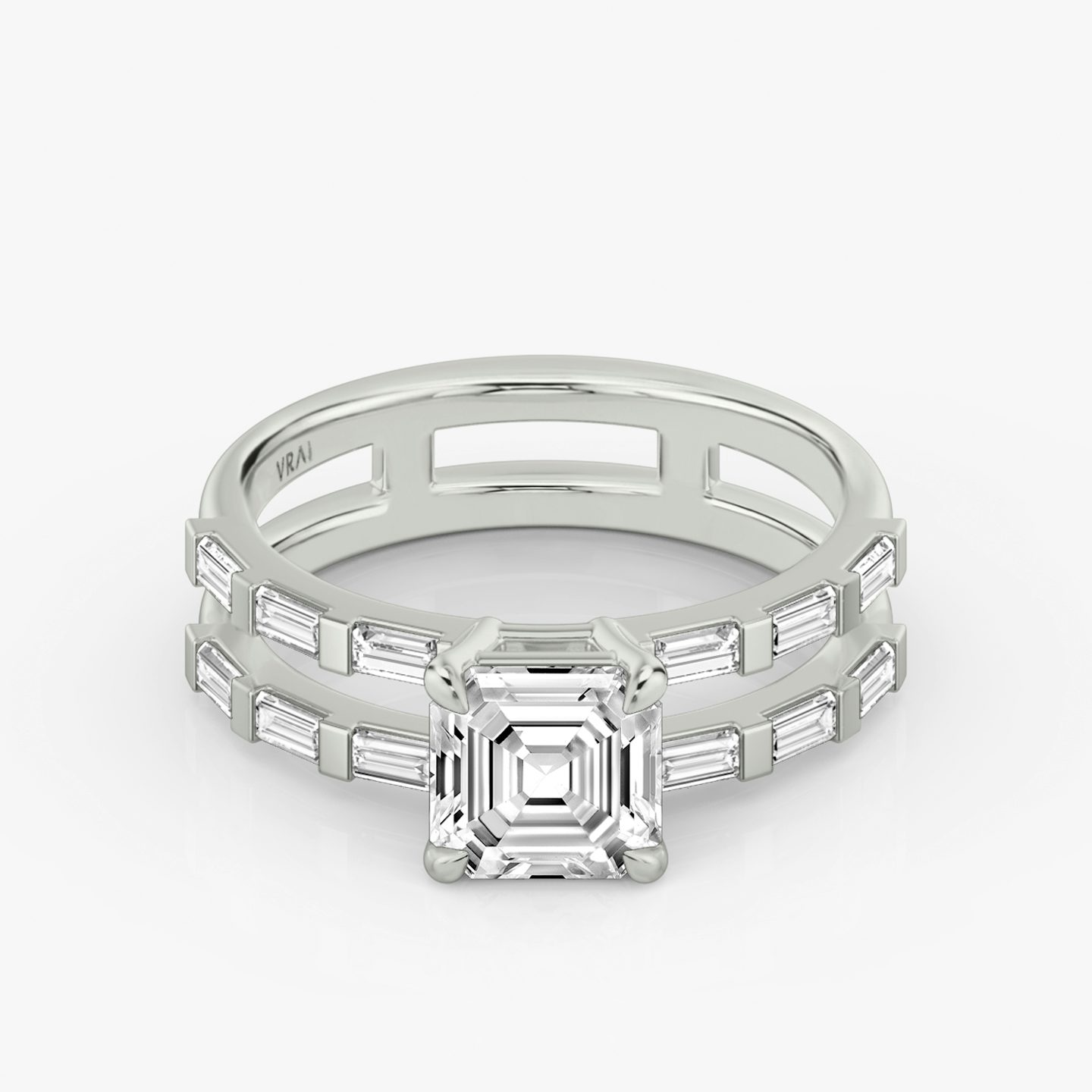 The Double Band | Asscher | Platinum | Band: Pavé | Band stone shape: Baguette | Diamond orientation: vertical | Carat weight: See full inventory