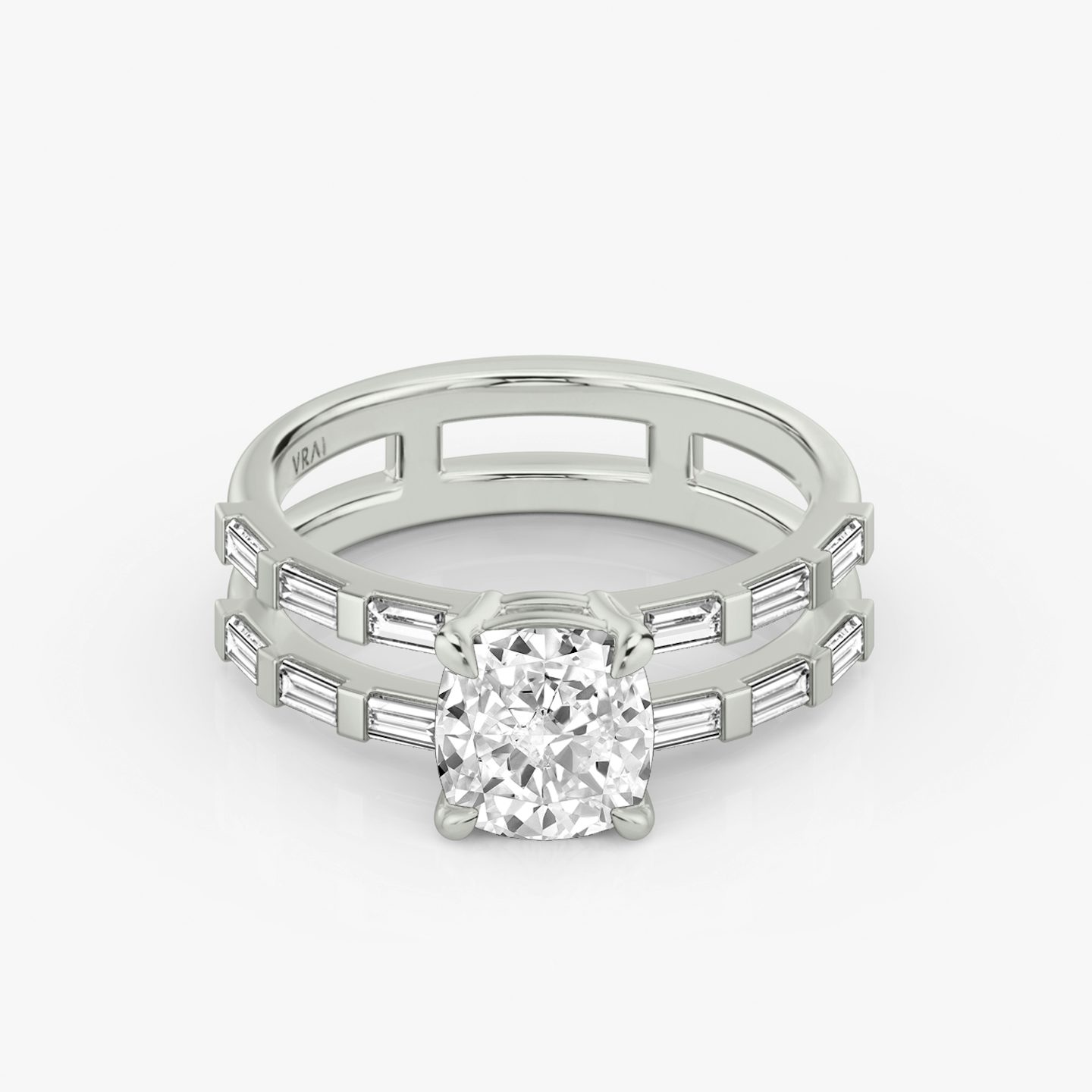 The Double Band | Pavé Cushion | 18k | 18k White Gold | Band: Pavé | Band stone shape: Baguette | Diamond orientation: vertical | Carat weight: See full inventory