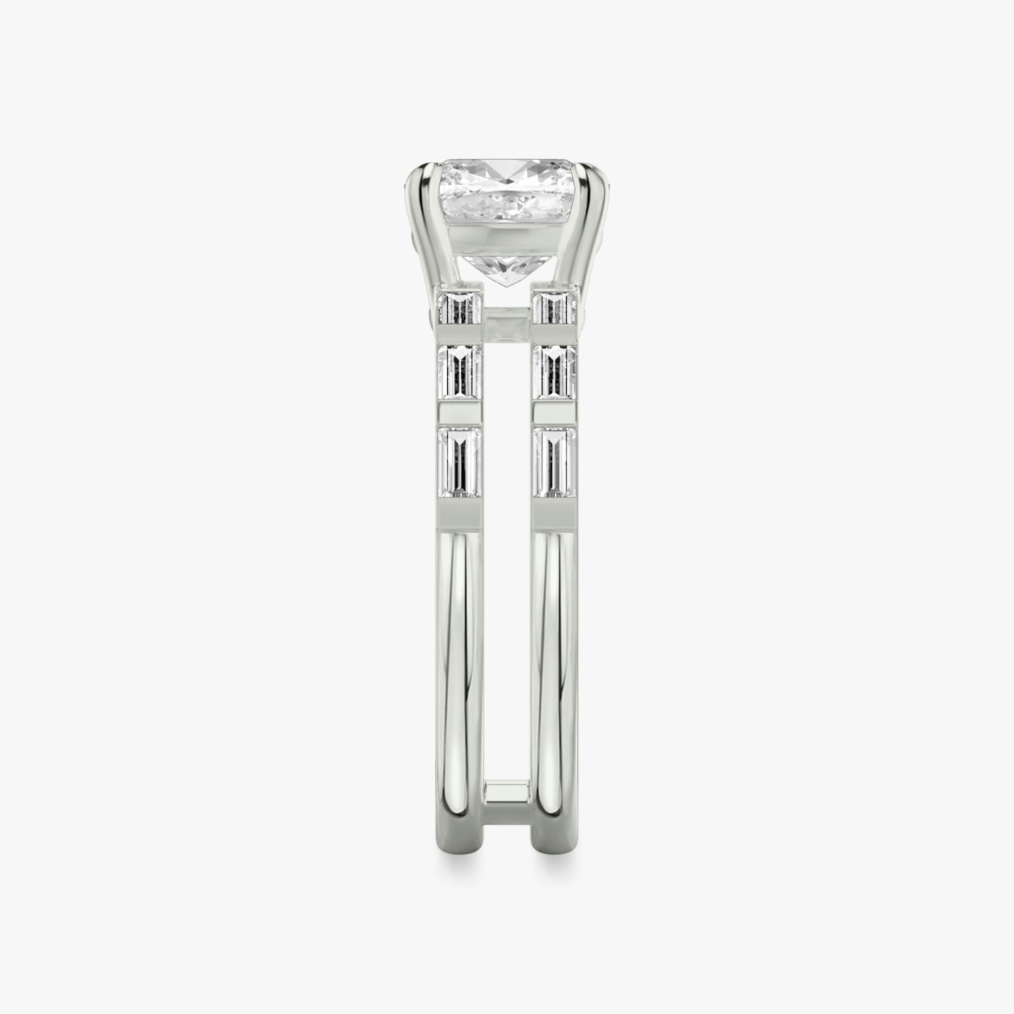The Double Band | Pavé Cushion | Platinum | Band: Pavé | Band stone shape: Baguette | Diamond orientation: vertical | Carat weight: See full inventory