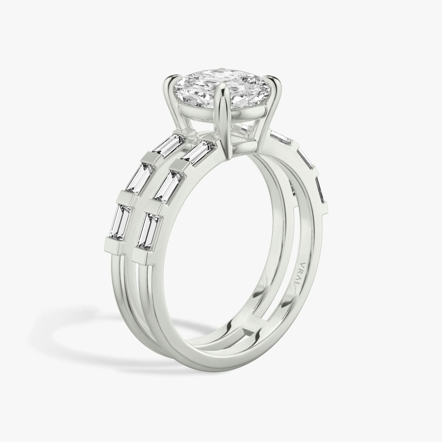 The Double Band | Pavé Cushion | 18k | 18k White Gold | Band: Pavé | Band stone shape: Baguette | Diamond orientation: vertical | Carat weight: See full inventory