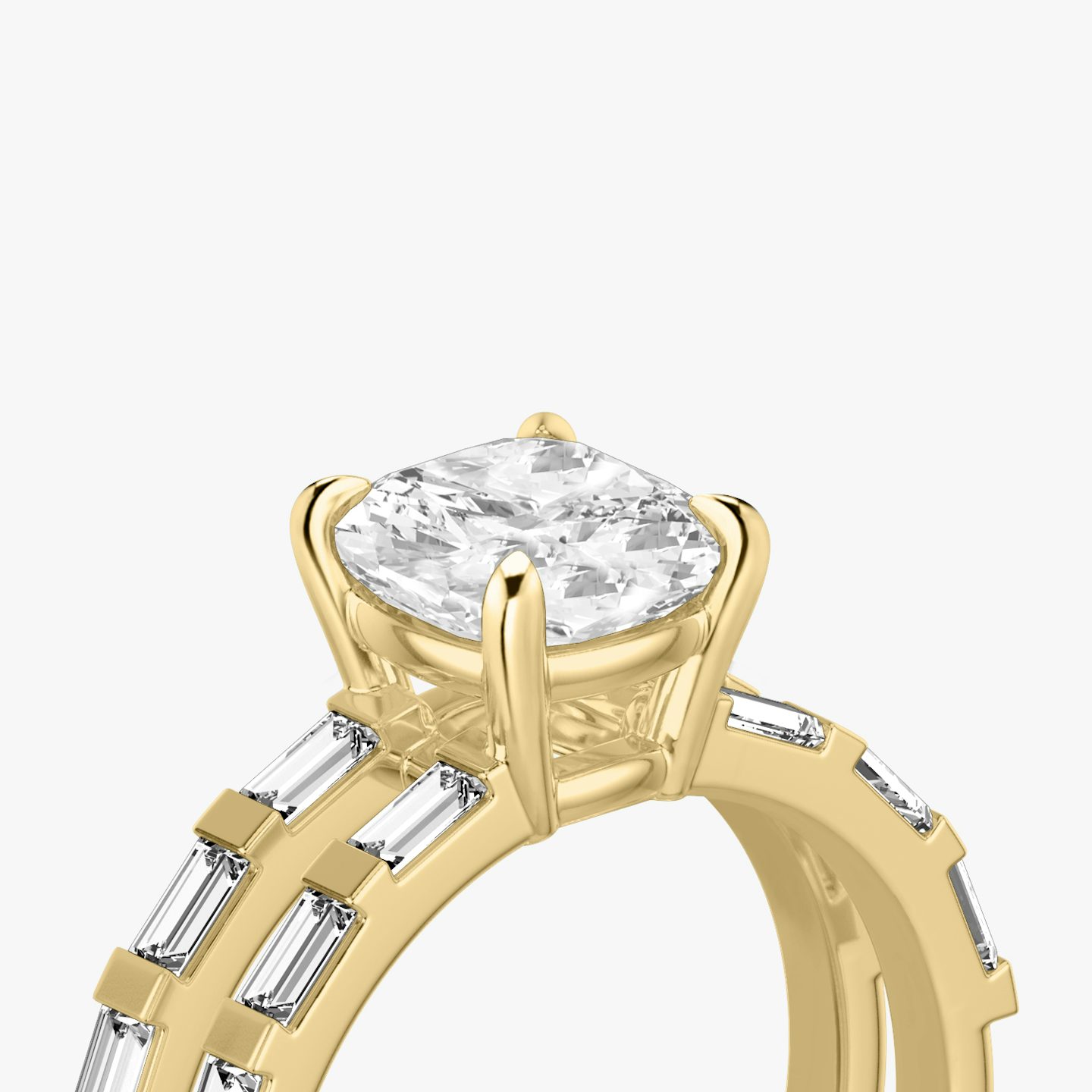 The Double Band | Pavé Cushion | 18k | 18k Yellow Gold | Band: Pavé | Band stone shape: Baguette | Diamond orientation: vertical | Carat weight: See full inventory