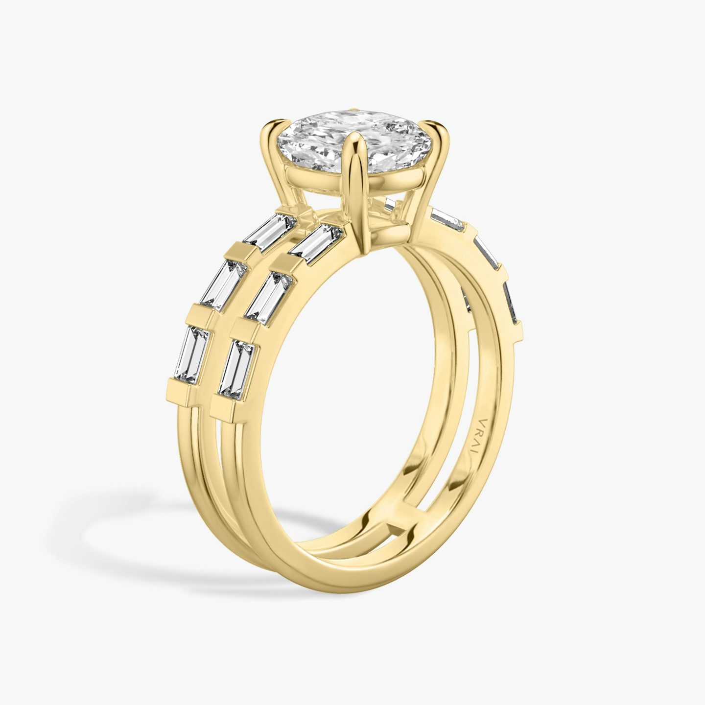 The Double Band | Pavé Cushion | 18k | 18k Yellow Gold | Band: Pavé | Band stone shape: Baguette | Diamond orientation: vertical | Carat weight: See full inventory