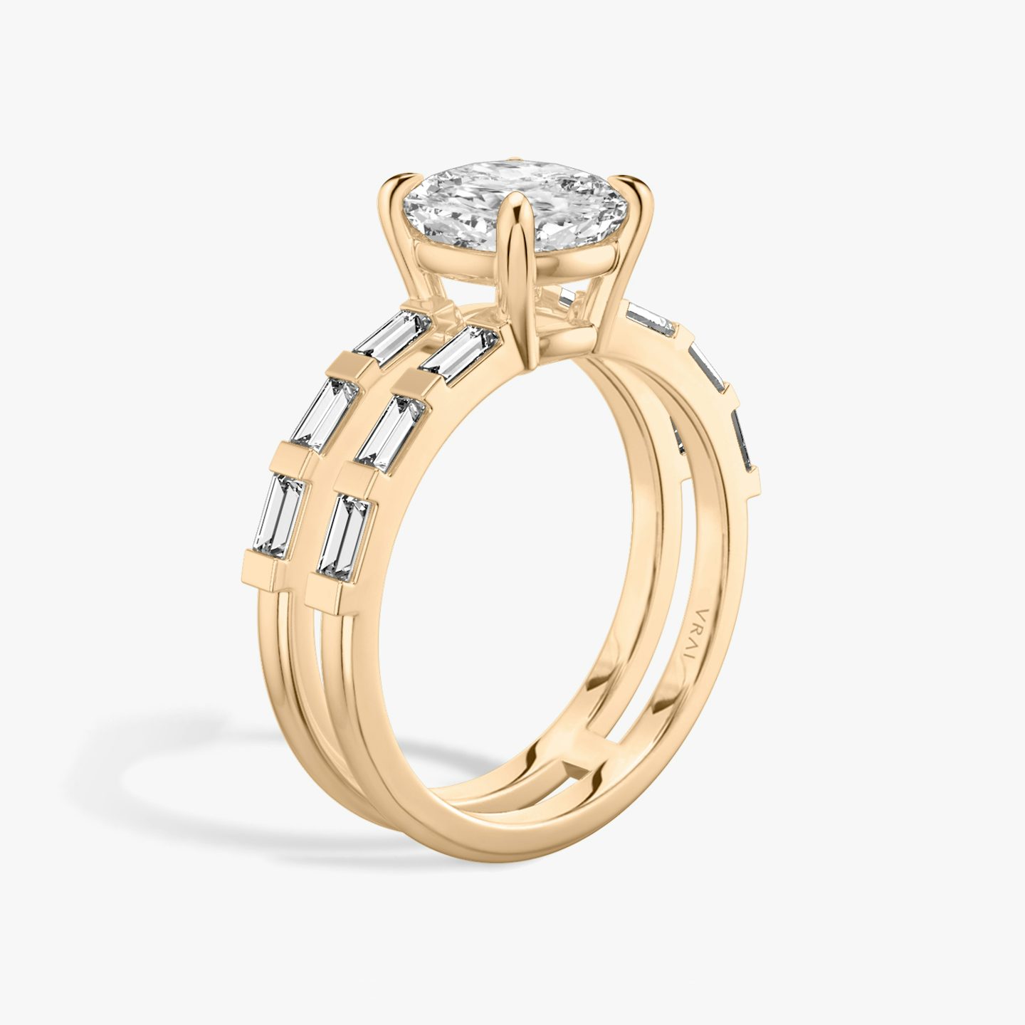 The Double Band | Pavé Cushion | 14k | 14k Rose Gold | Band: Pavé | Band stone shape: Baguette | Diamond orientation: vertical | Carat weight: See full inventory