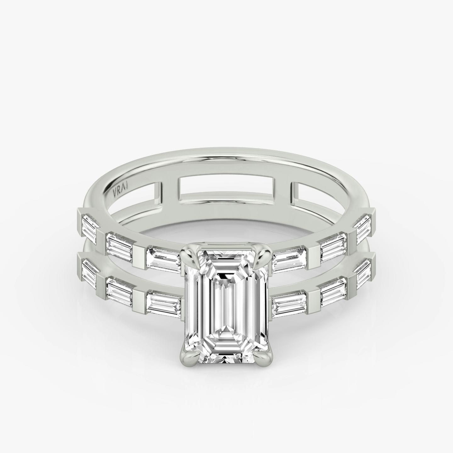 The Double Band | Emerald | Platinum | Band: Pavé | Band stone shape: Baguette | Diamond orientation: vertical | Carat weight: See full inventory
