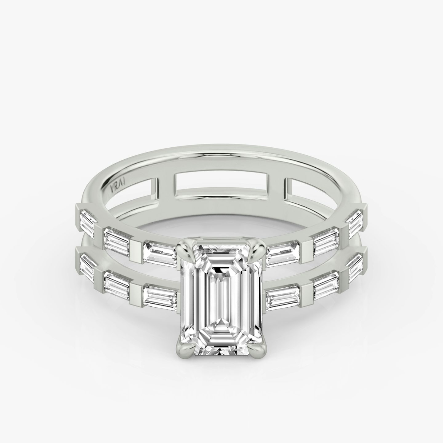 The Double Band | Emerald | 18k | 18k White Gold | Band: Pavé | Band stone shape: Baguette | Diamond orientation: vertical | Carat weight: See full inventory