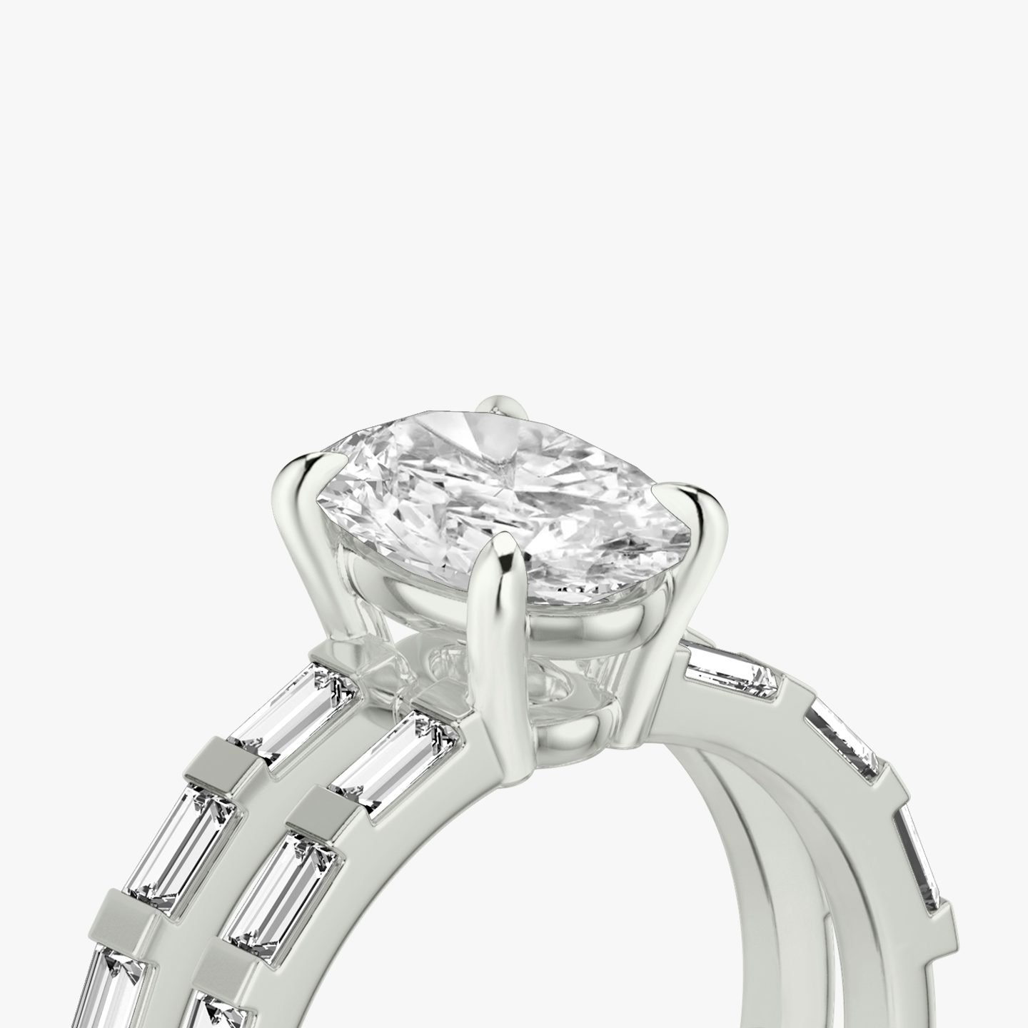 The Double Band | Oval | Platinum | Band: Pavé | Band stone shape: Baguette | Diamond orientation: vertical | Carat weight: See full inventory