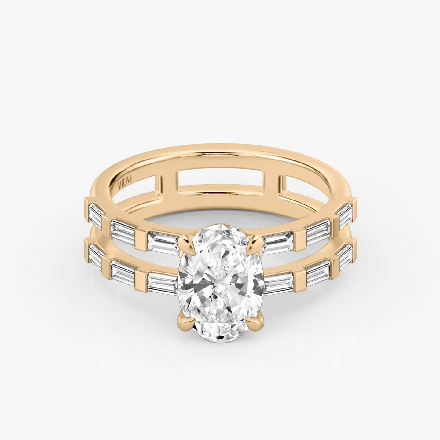 The Double Band | Oval | 14k | 14k Rose Gold | Band: Pavé | Band stone shape: Baguette | Diamond orientation: vertical | Carat weight: See full inventory