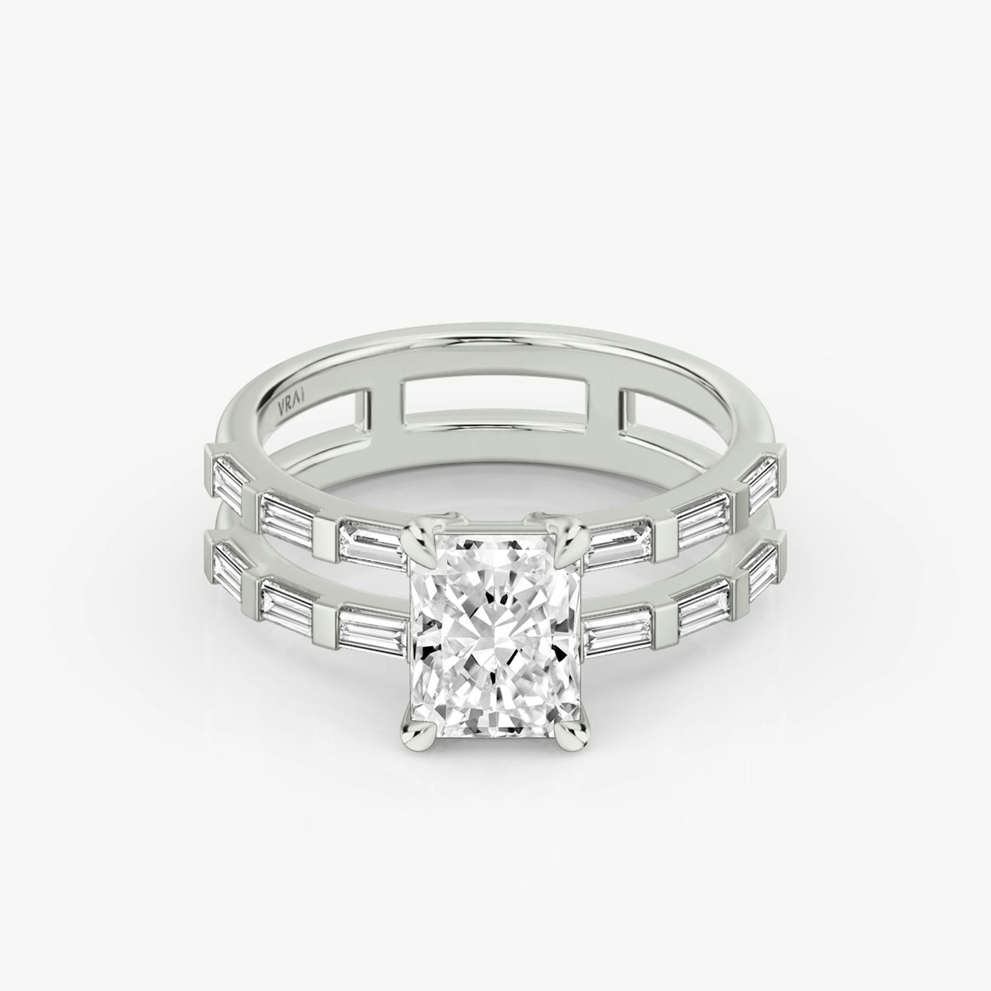 The Double Band | Radiant | Platinum | Band: Pavé | Band stone shape: Baguette | Diamond orientation: vertical | Carat weight: See full inventory