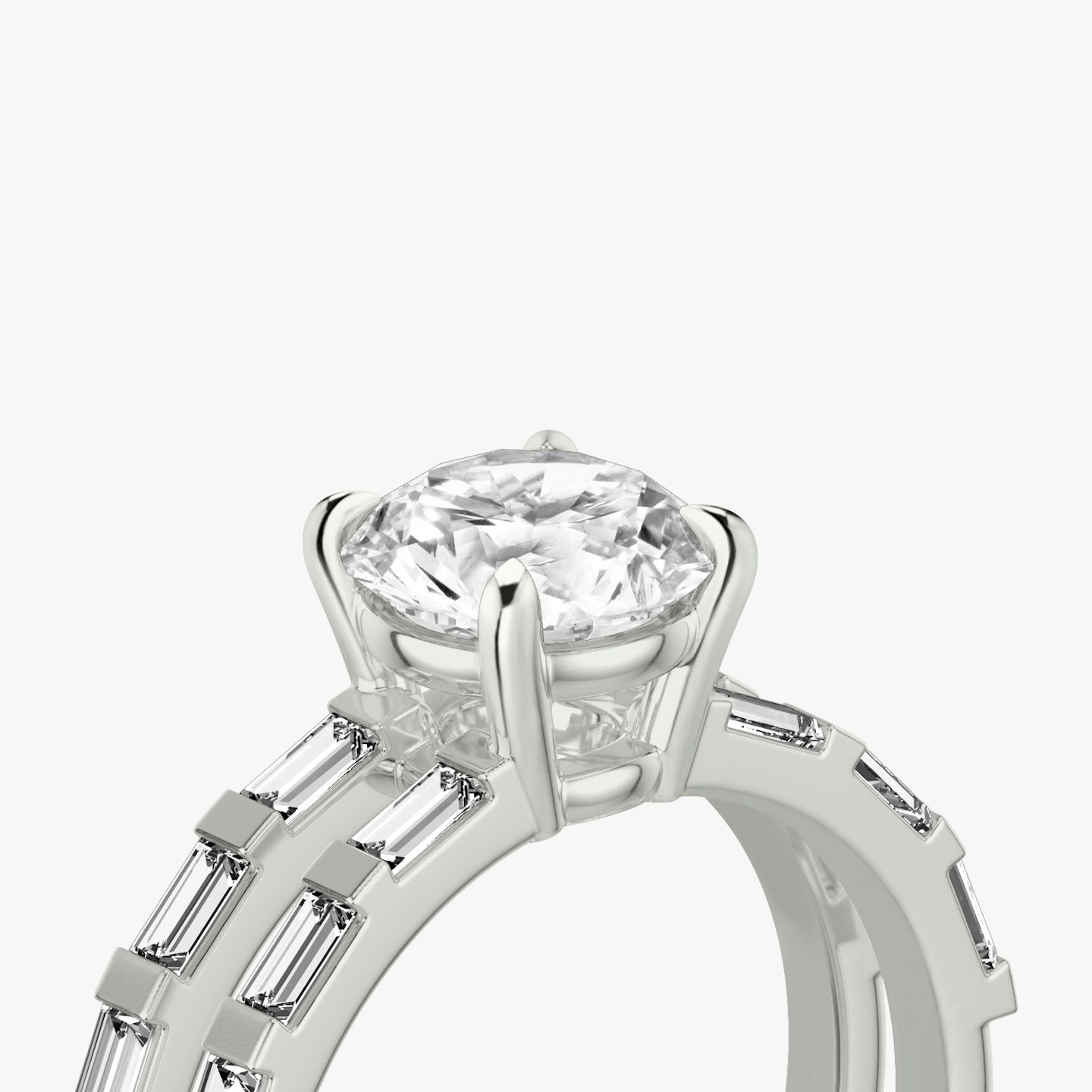The Double Band | Round Brilliant | 18k | 18k White Gold | Band: Pavé | Carat weight: 2 | Band stone shape: Baguette | Diamond orientation: vertical