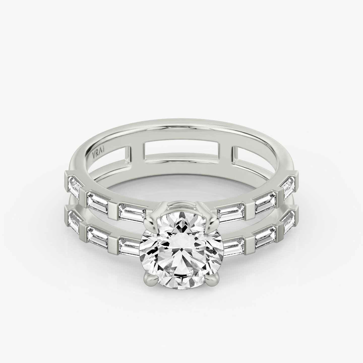 The Double Band | Round Brilliant | 18k | 18k White Gold | Band: Pavé | Carat weight: See full inventory | Band stone shape: Baguette | Diamond orientation: vertical