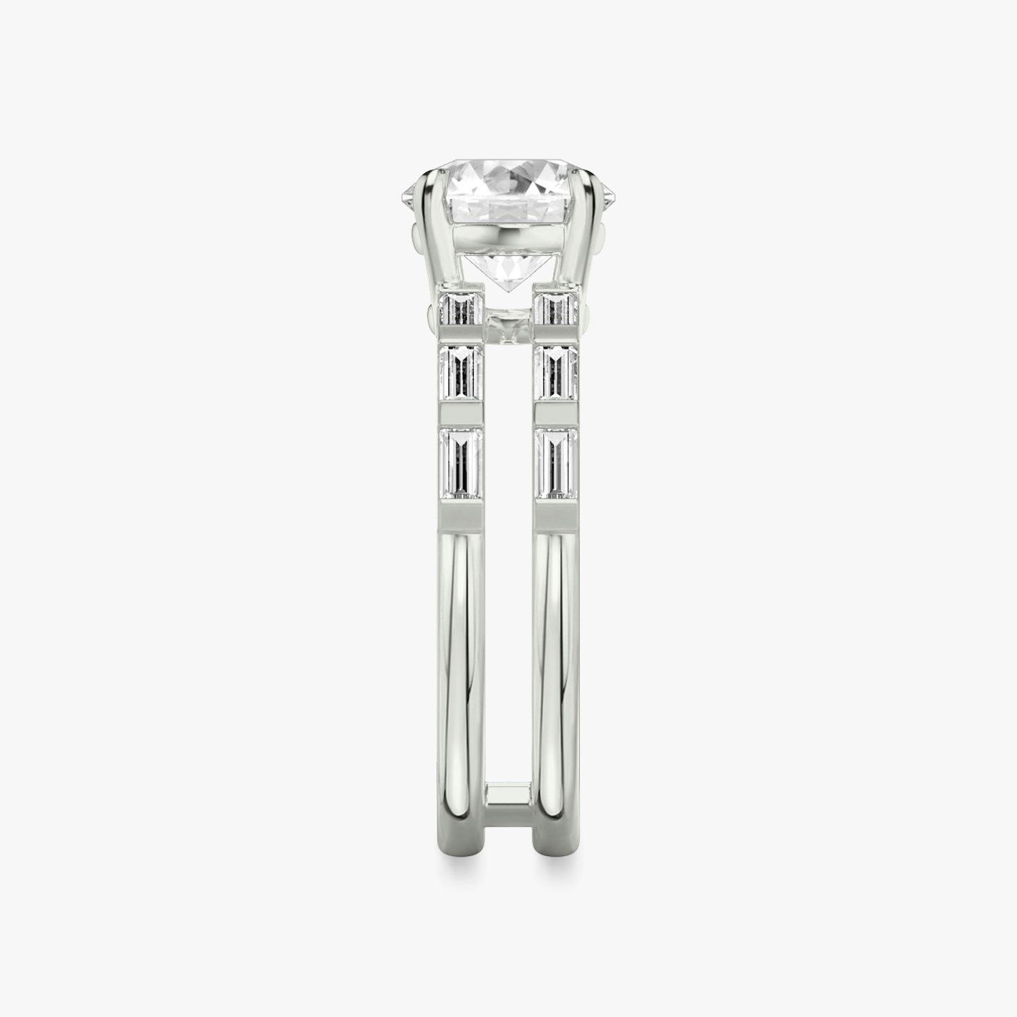 The Double Band | Round Brilliant | Platinum | Band: Pavé | Carat weight: See full inventory | Band stone shape: Baguette | Diamond orientation: vertical