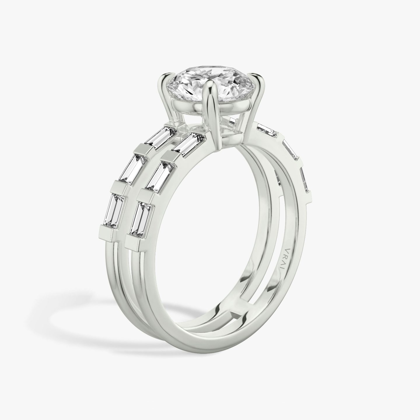 The Double Band | Round Brilliant | 18k | 18k White Gold | Band: Pavé | Carat weight: 2 | Band stone shape: Baguette | Diamond orientation: vertical