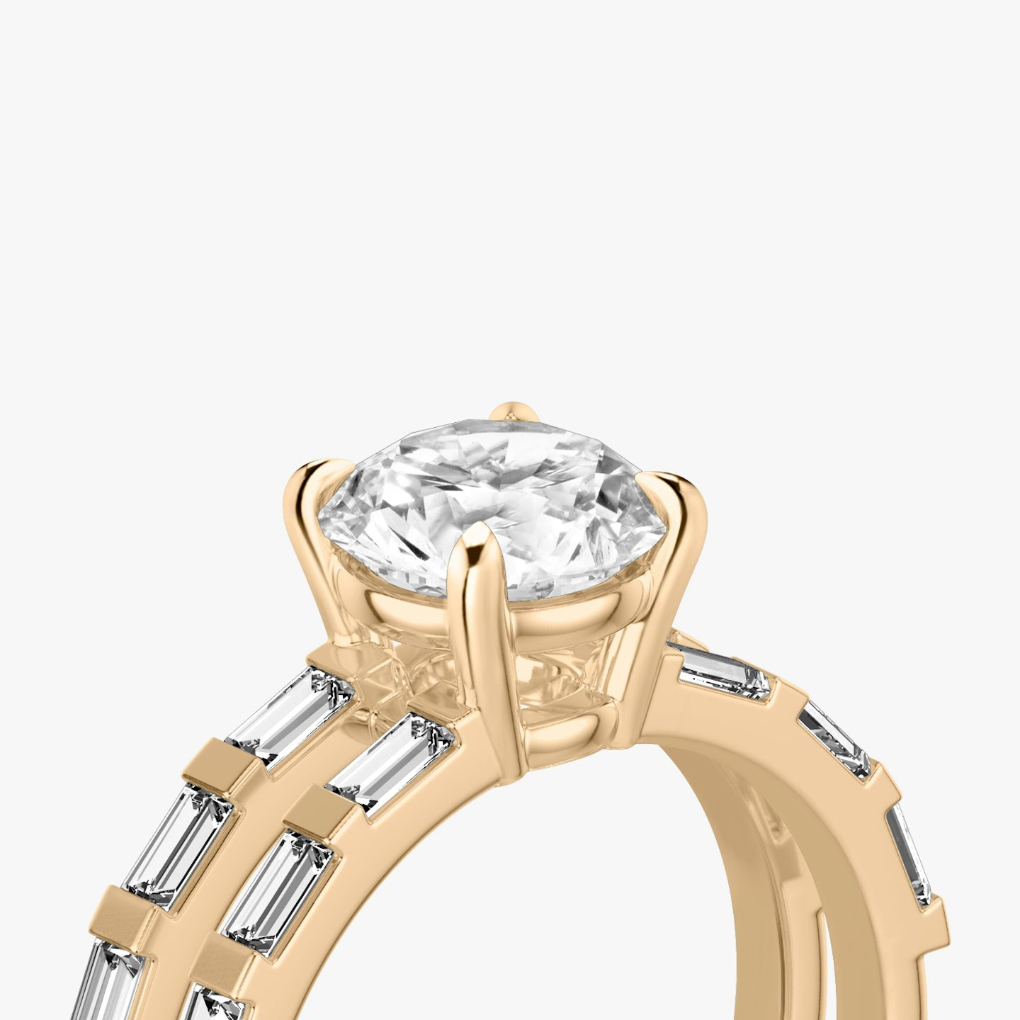 The Double Band | Round Brilliant | 14k | 14k Rose Gold | Band: Pavé | Carat weight: See full inventory | Band stone shape: Baguette | Diamond orientation: vertical