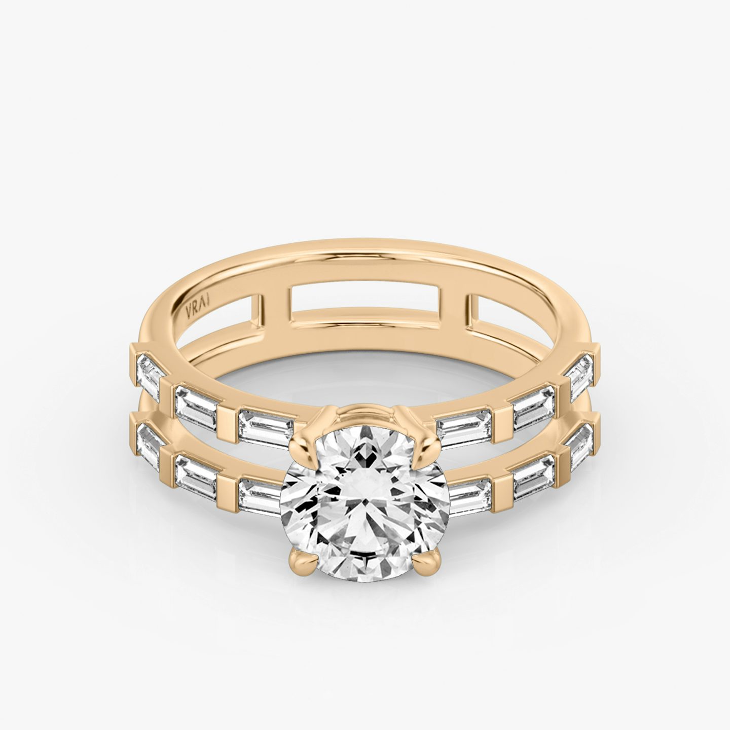 The Double Band | Round Brilliant | 14k | 14k Rose Gold | Band: Pavé | Carat weight: 1 | Band stone shape: Baguette | Diamond orientation: vertical