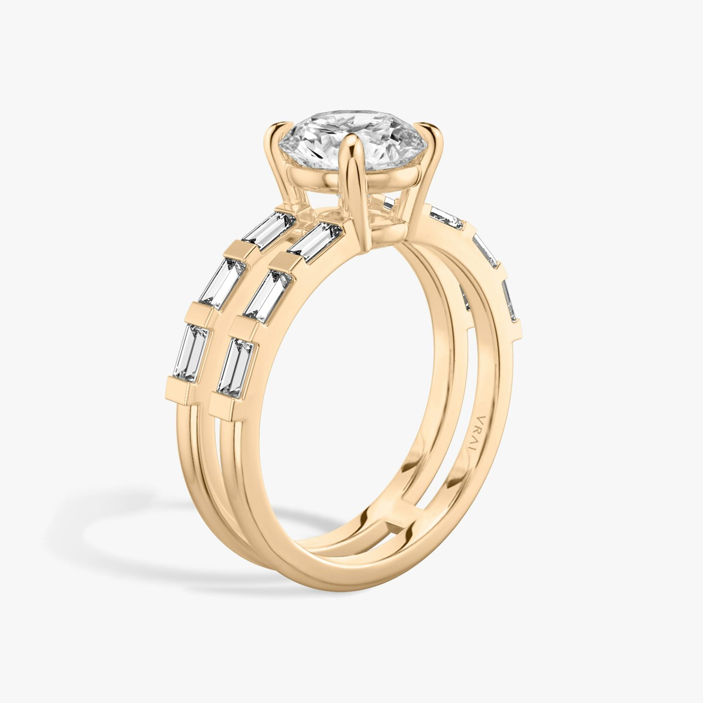 The Double Band | Round Brilliant | 14k | 14k Rose Gold | Band: Pavé | Carat weight: See full inventory | Band stone shape: Baguette | Diamond orientation: vertical