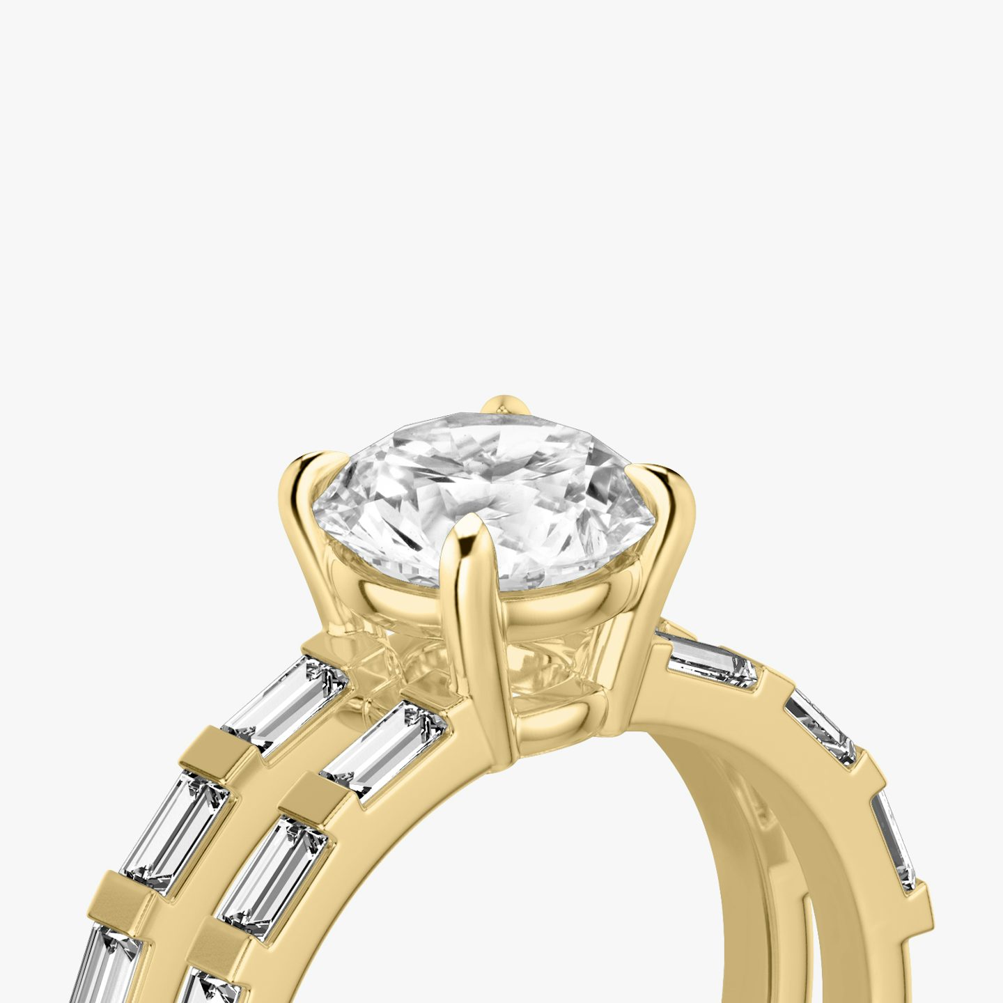 The Double Band | Round Brilliant | 18k | 18k Yellow Gold | Band: Pavé | Carat weight: 2 | Band stone shape: Baguette | Diamond orientation: vertical