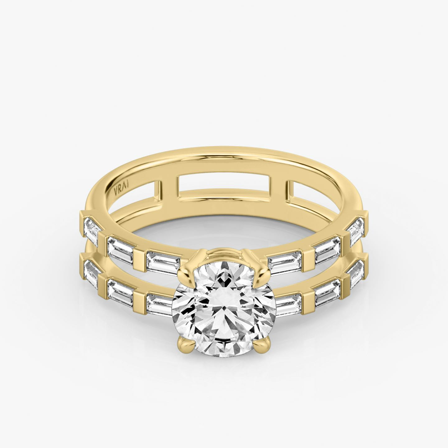 The Double Band | Round Brilliant | 18k | 18k Yellow Gold | Band: Pavé | Carat weight: 1 | Band stone shape: Baguette | Diamond orientation: vertical