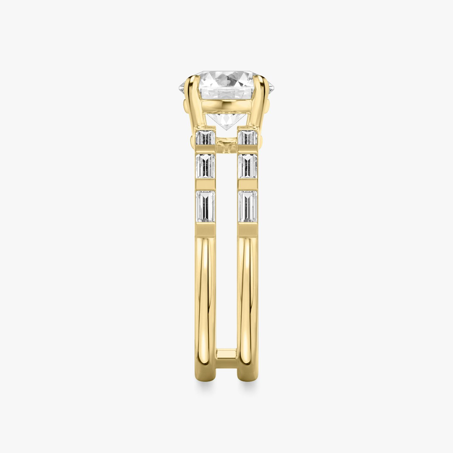 The Double Band | Round Brilliant | 18k | 18k Yellow Gold | Band: Pavé | Carat weight: 1½ | Band stone shape: Baguette | Diamond orientation: vertical
