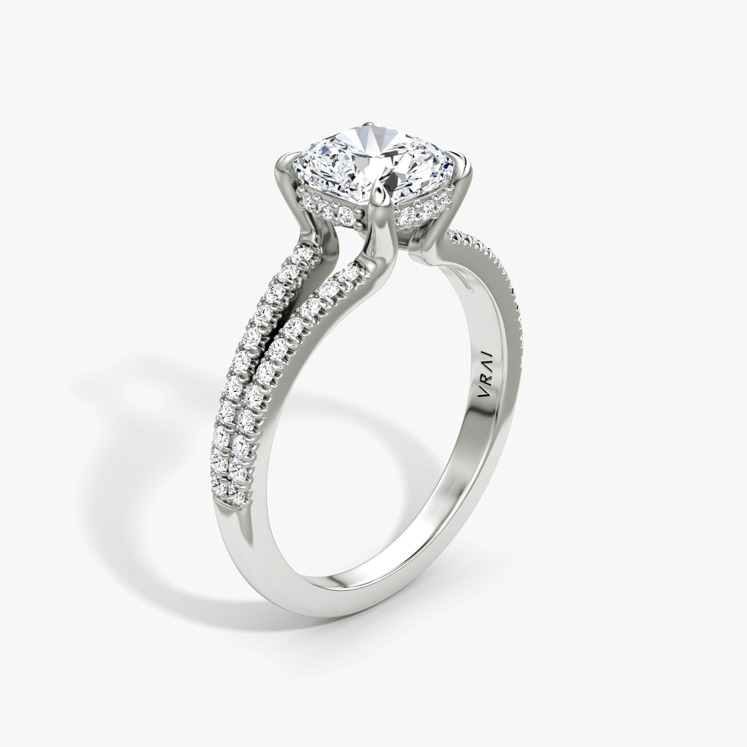 Floating Split Band Cushion Engagement Ring | 18k White Gold