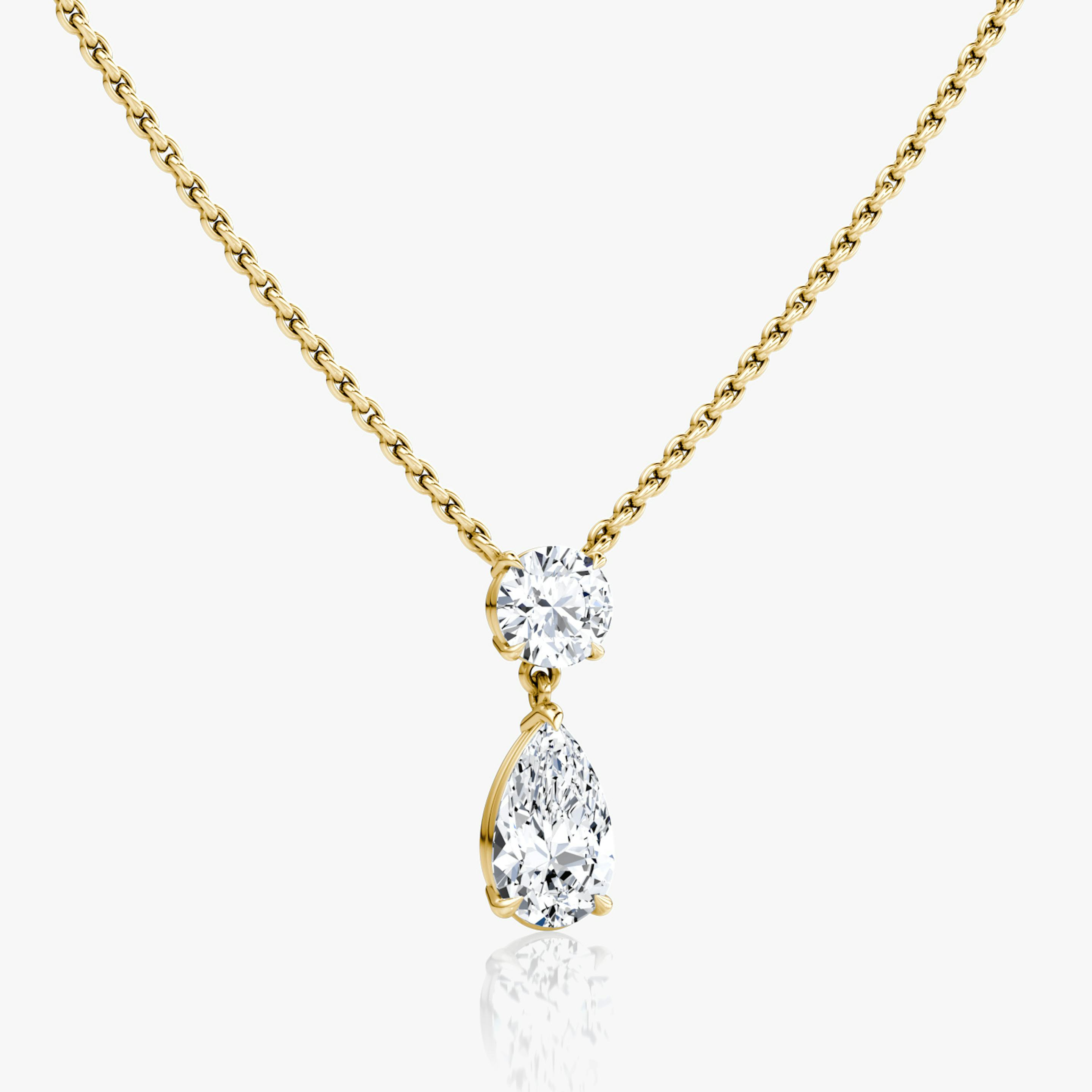 Duo Drop Necklace | Round Brilliant and Pear | 14k | 18k Yellow Gold | Chain length: 16-18