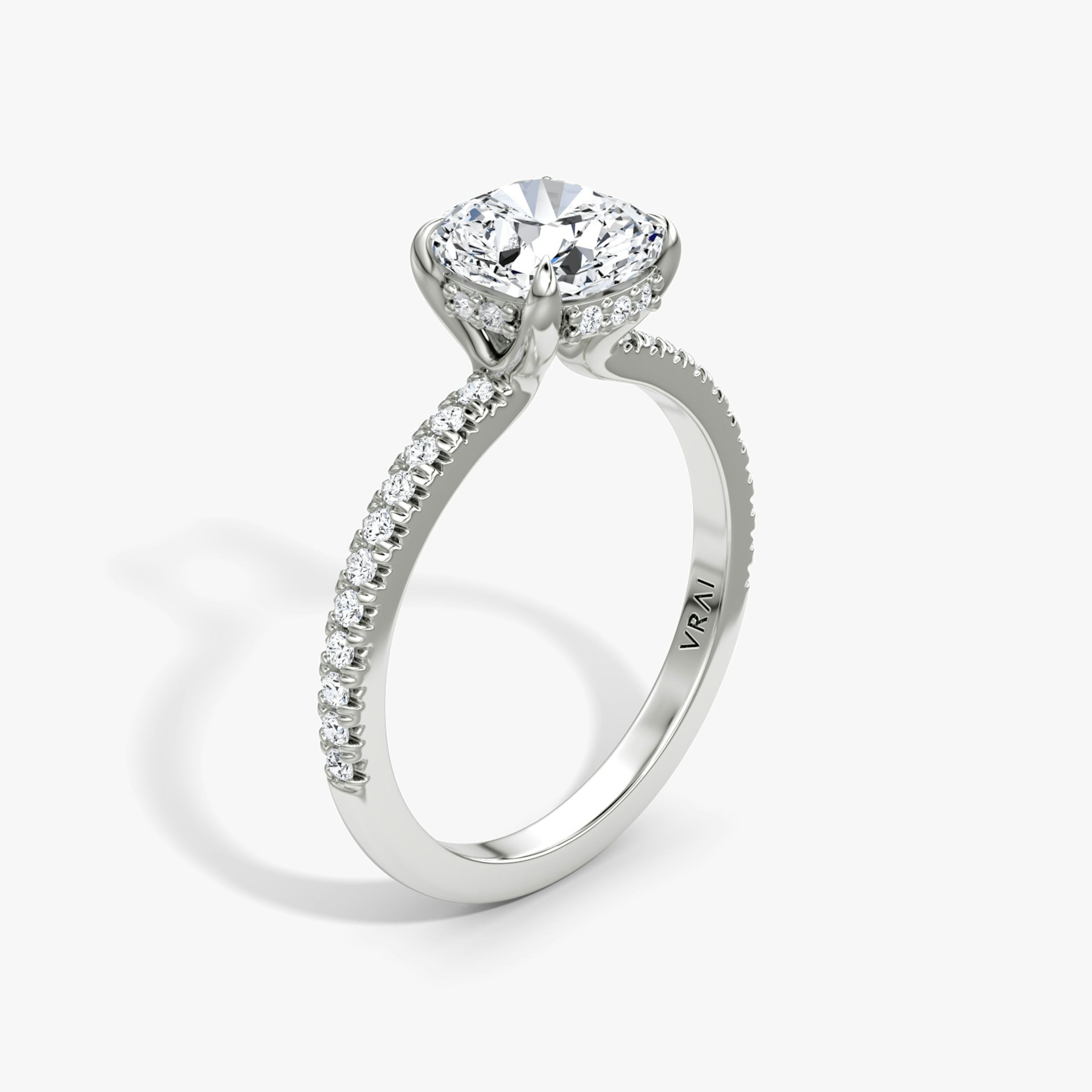 The Floating Solitaire | Pavé Cushion | Platinum | Band: Pavé | Diamond orientation: vertical | Carat weight: See full inventory