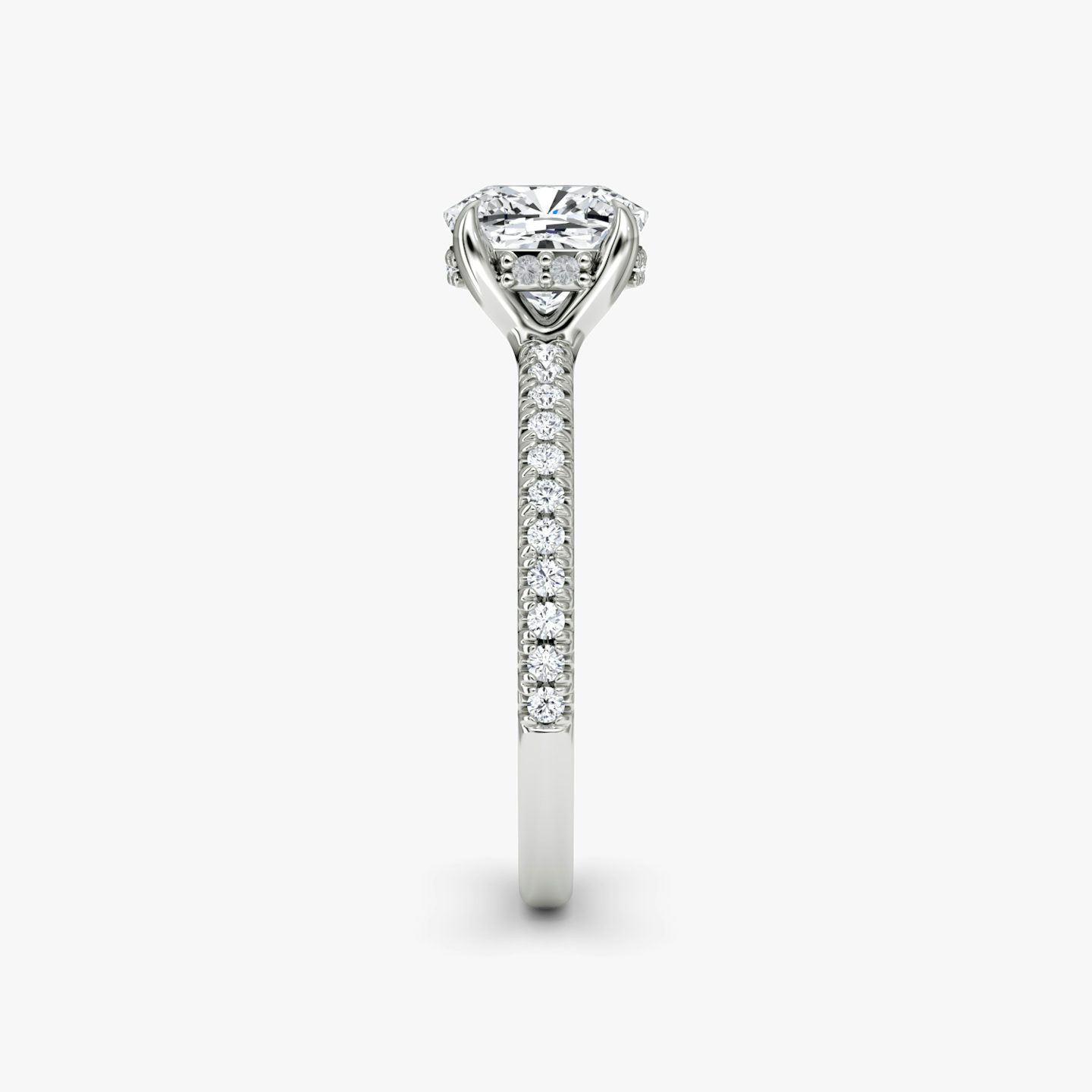 The Floating Solitaire | Pavé Cushion | Platinum | Band: Pavé | Diamond orientation: vertical | Carat weight: See full inventory