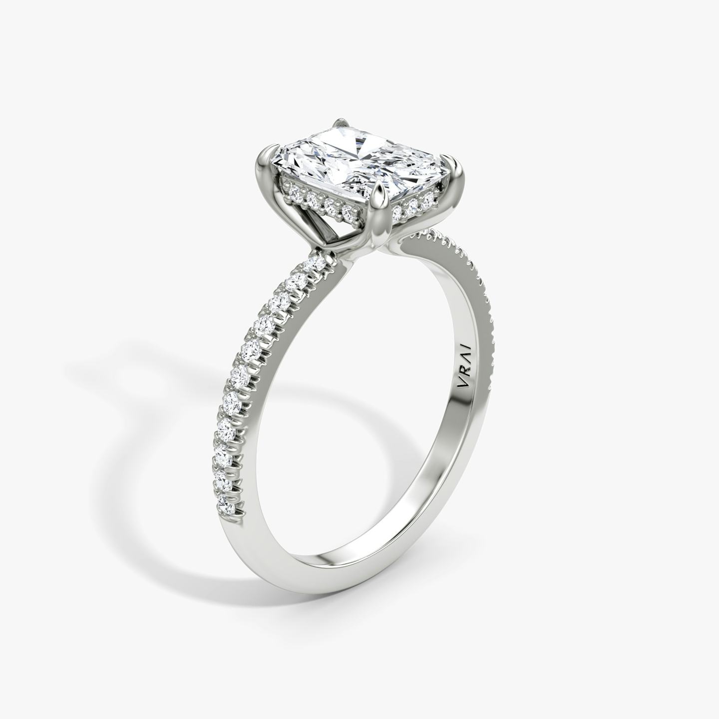 The Floating Solitaire | Radiant | 18k | 18k White Gold | Band: Pavé | Diamond orientation: vertical | Carat weight: See full inventory