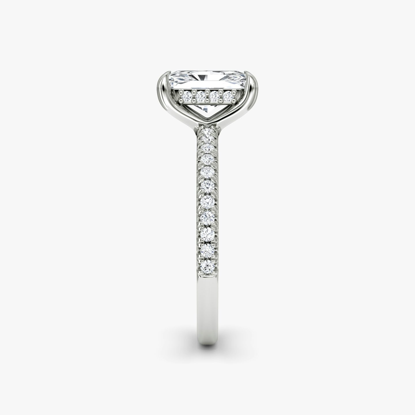 The Floating Solitaire | Radiant | Platinum | Band: Pavé | Diamond orientation: vertical | Carat weight: See full inventory