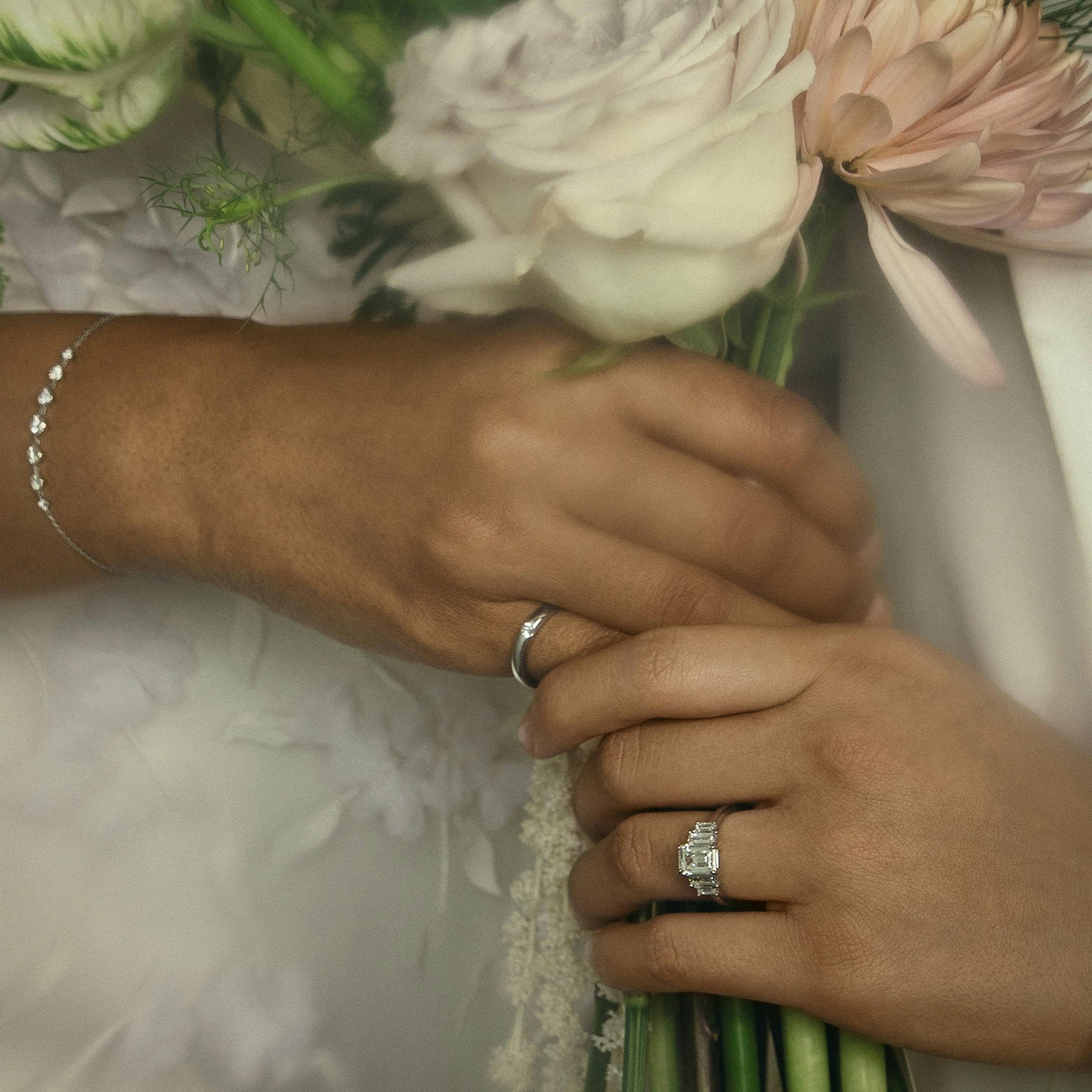five stone engagement ring princess plain white gold on model