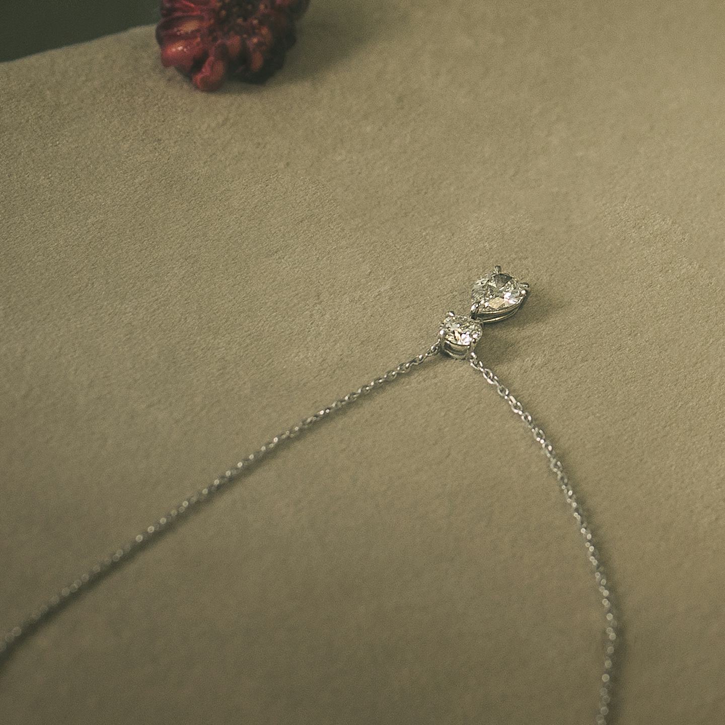 Duo Drop Necklace | Round Brilliant and Pear | 14k | 18k White Gold | Chain length: 16-18