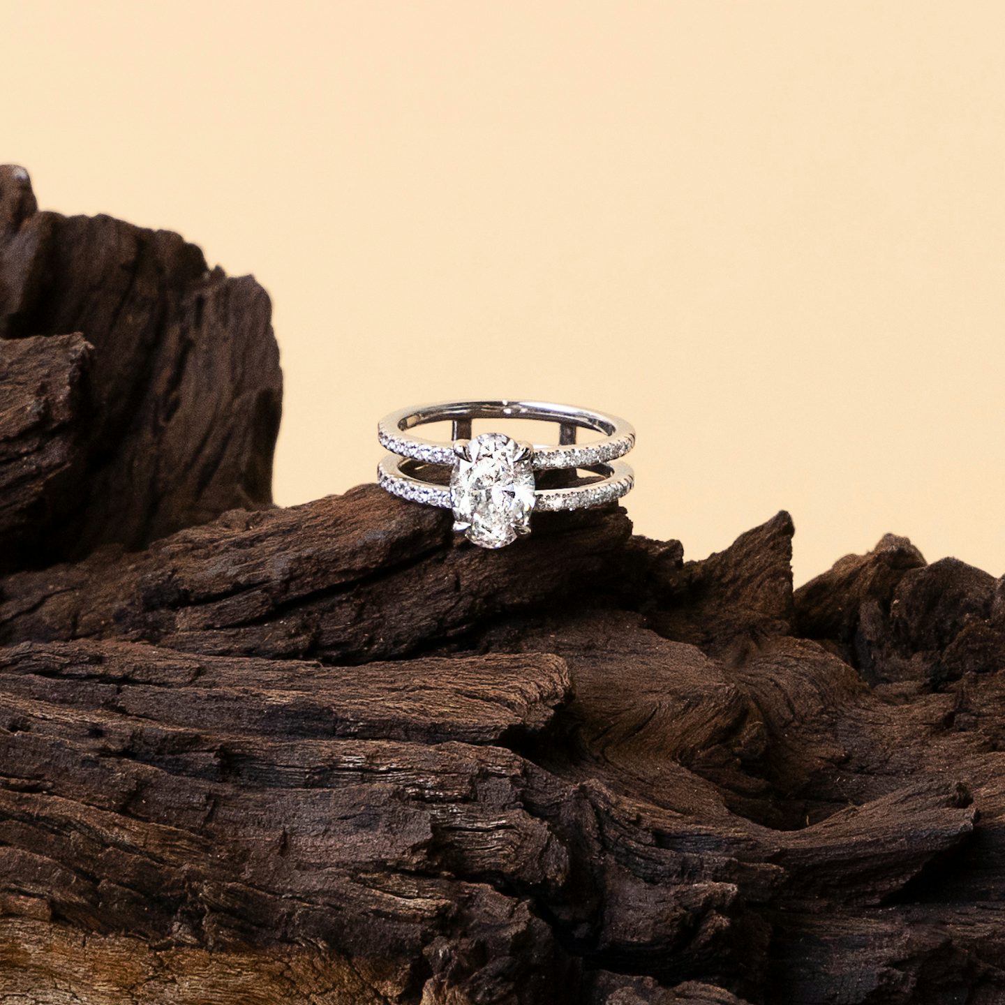 The Double Band | Oval | Platinum | Band: Pavé | Band stone shape: Round Brilliant | Diamond orientation: vertical | Carat weight: See full inventory