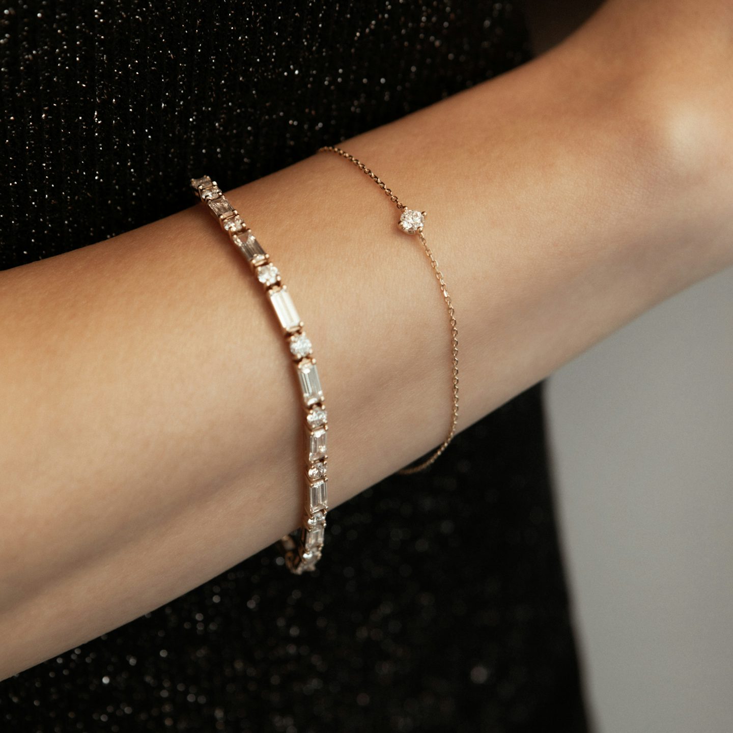 Mixed Shape Bracelet | Round Brilliant and Baguette | 14k | 18k White Gold | Chain length: 7 | Diamond size: Original