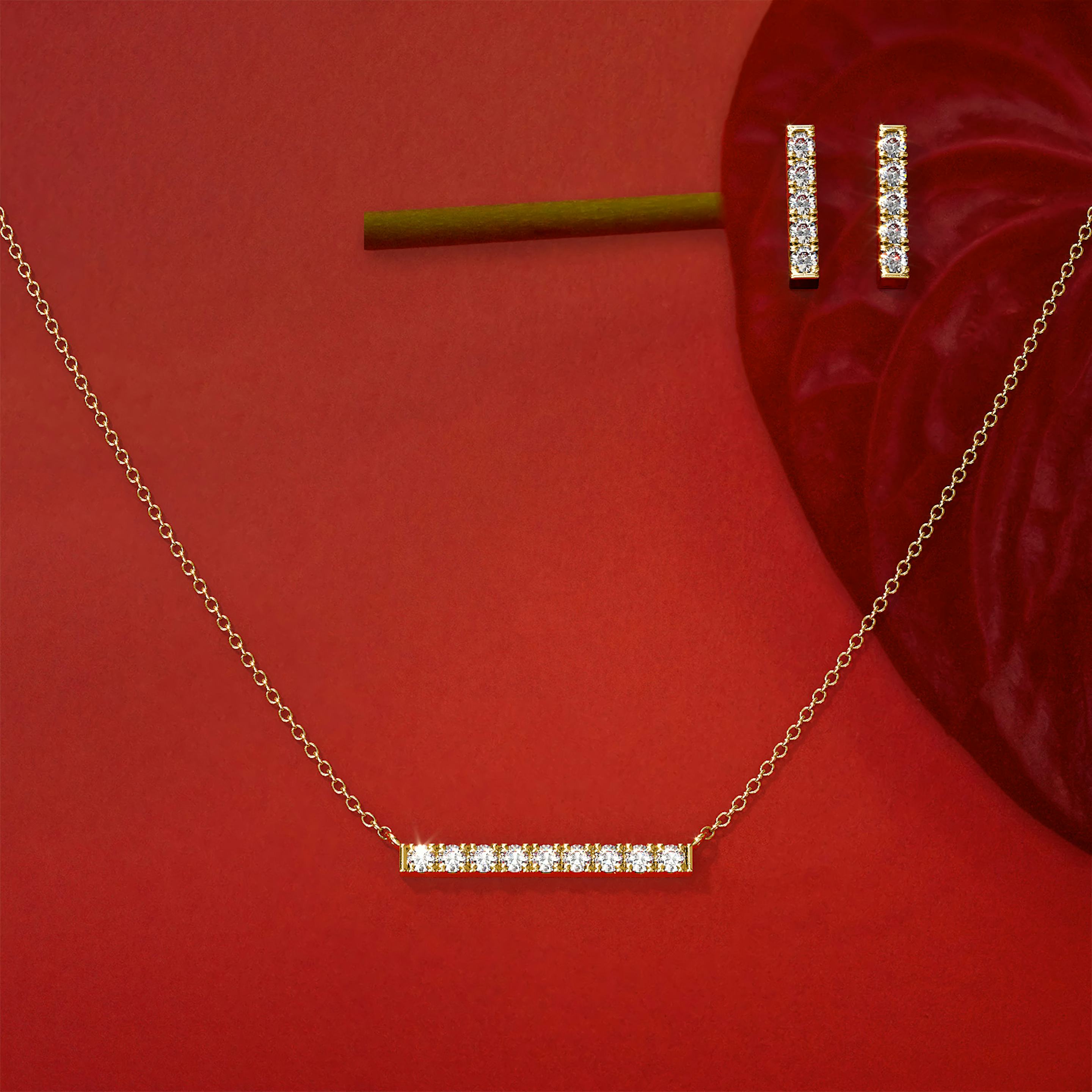 Petite Pavé Bar Necklace | Round Brilliant | 14k | 18k Yellow Gold | Chain length: 16-18