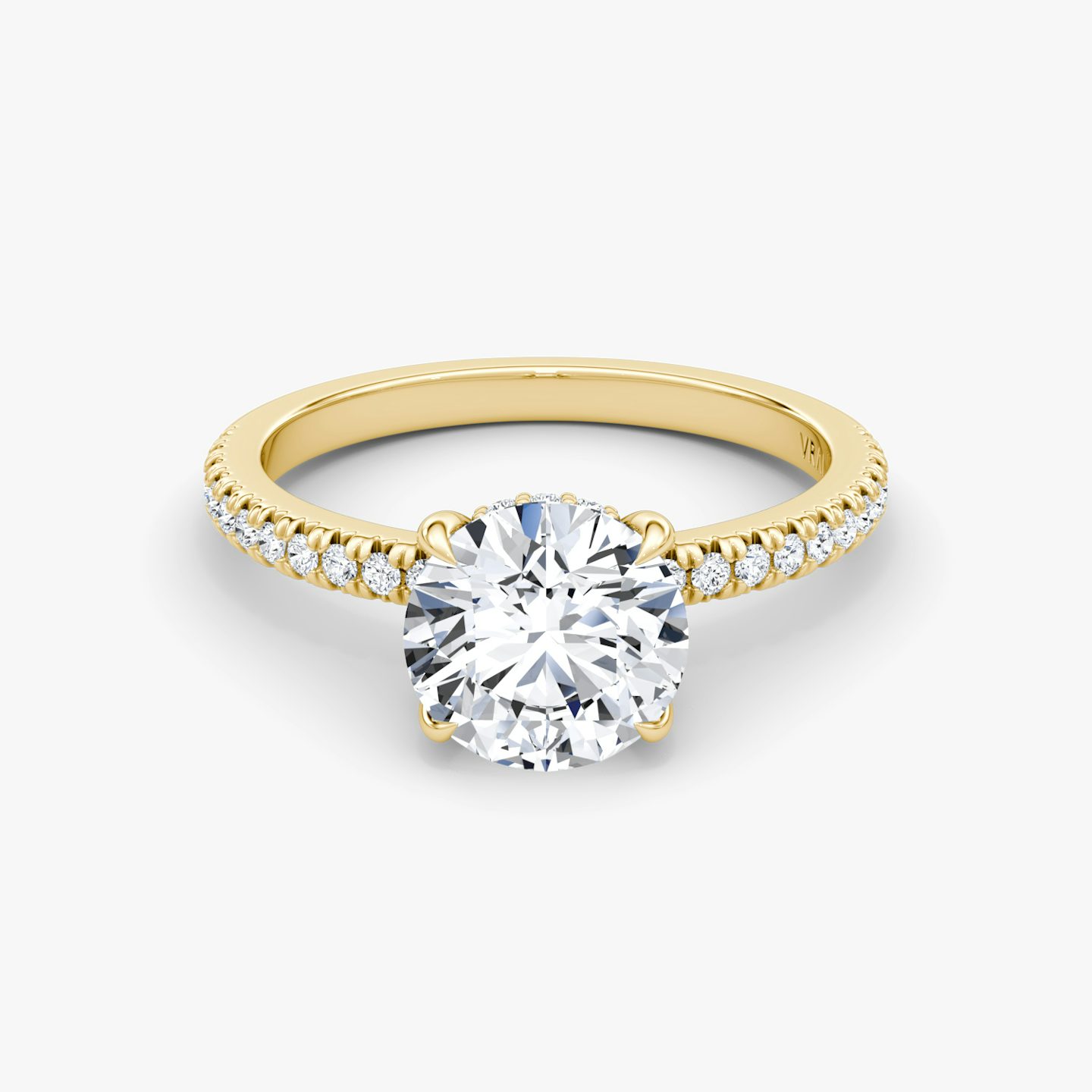 The Floating Solitaire | Round Brilliant | 18k | 18k Yellow Gold | Band: Pavé | Carat weight: 1½ | Diamond orientation: vertical