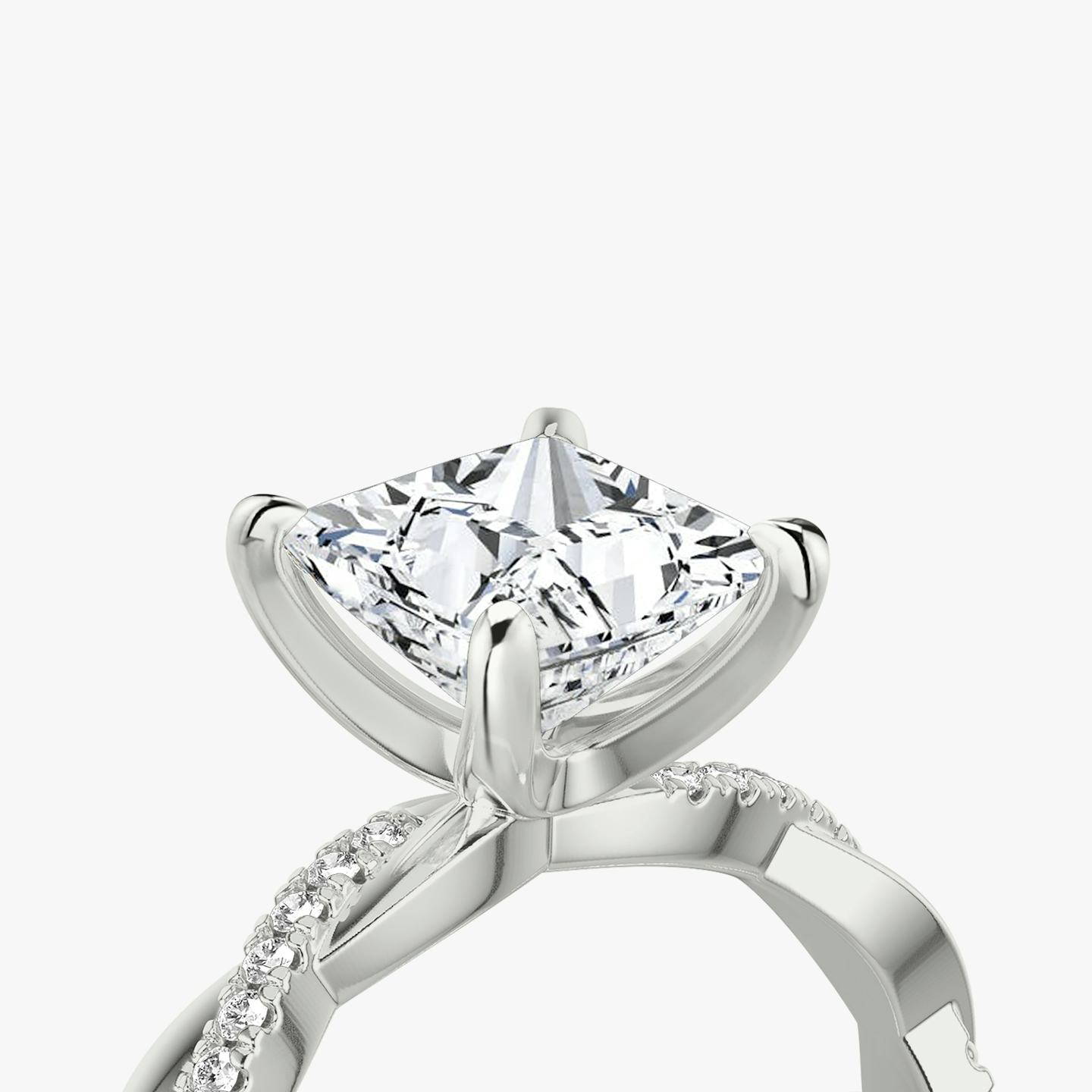 detail view of twisted classic engagement ring princess pave white gold