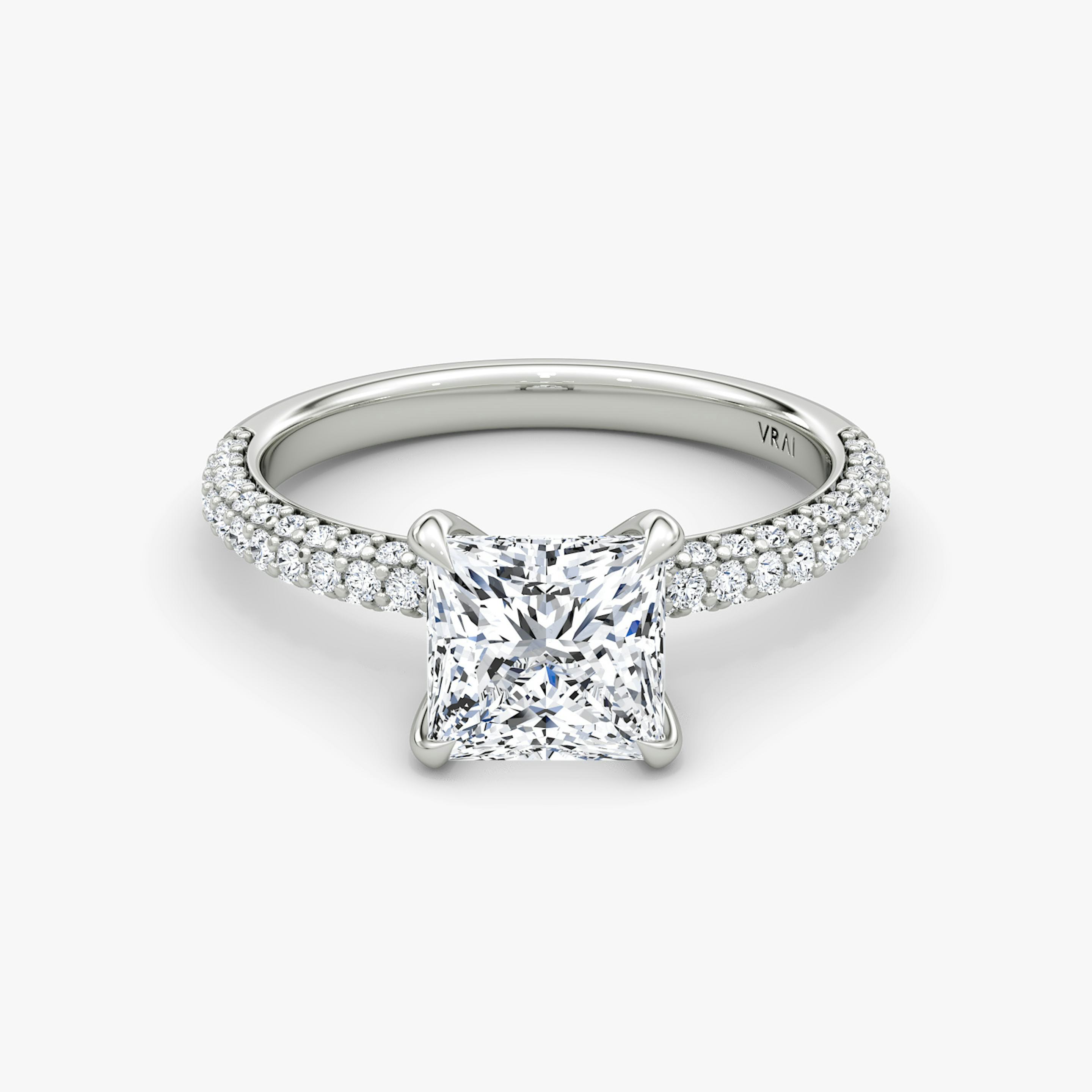 three-row dome engagement ring princess cut in pave white gold