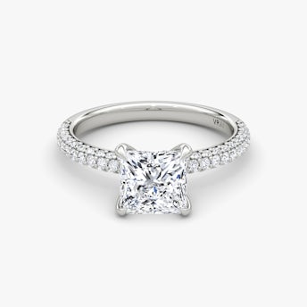 three-row dome engagement ring princess cut in pave white gold