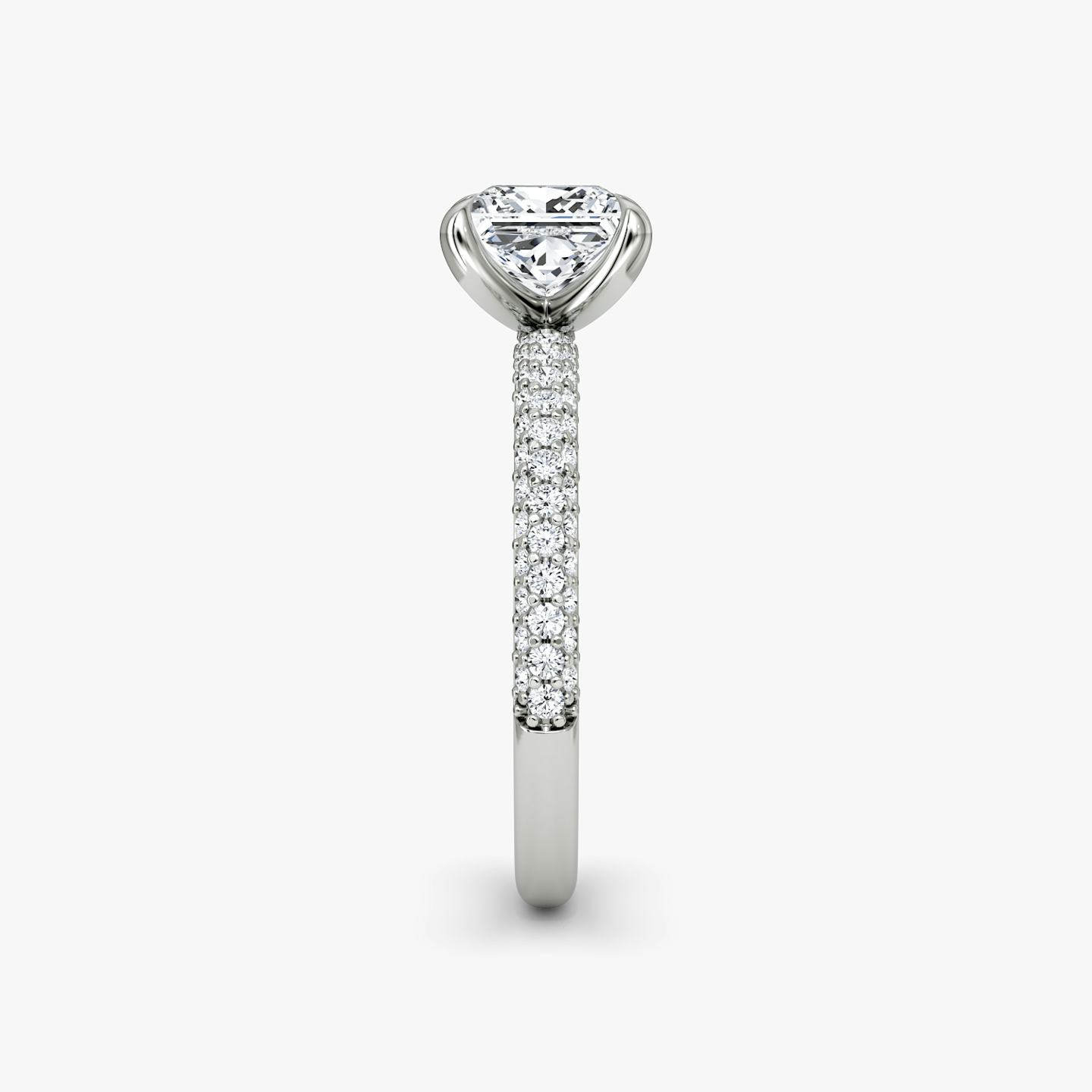 side view of three-row dome engagement ring princess cut in pave white gold