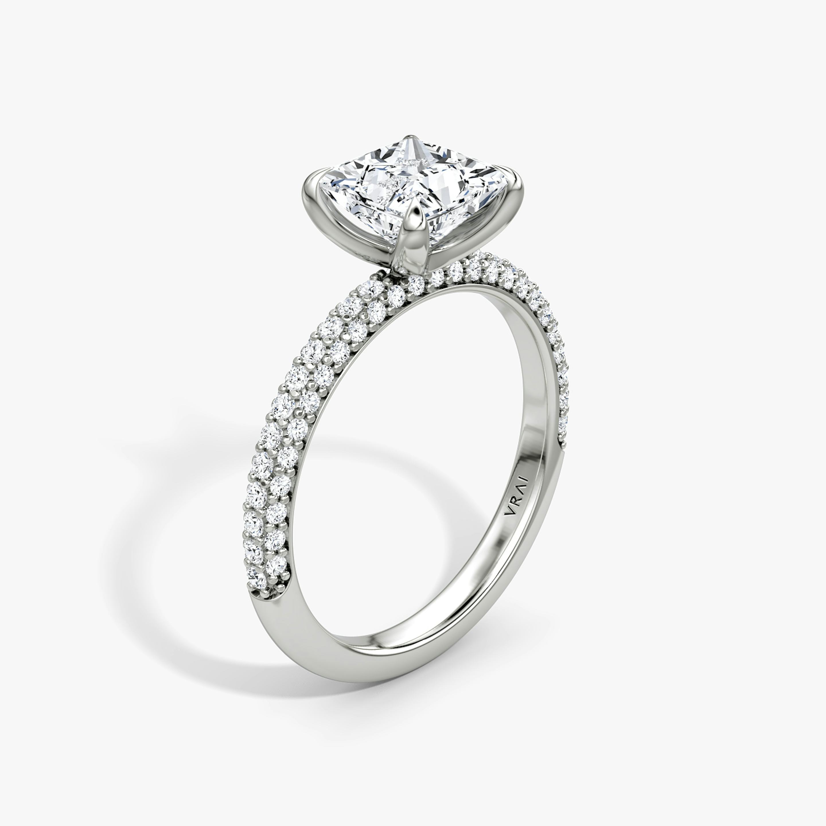 three-row dome engagement ring princess cut in pave white gold upright