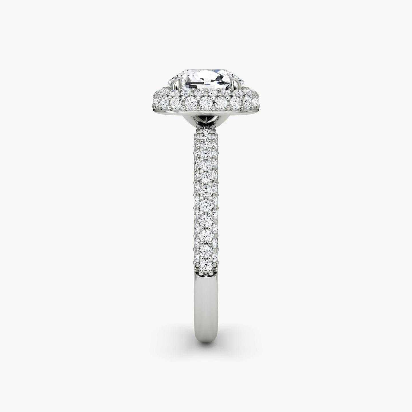 The Halo Dome | Pavé Cushion | Platinum | Band: Pavé | Diamond orientation: vertical | Carat weight: See full inventory