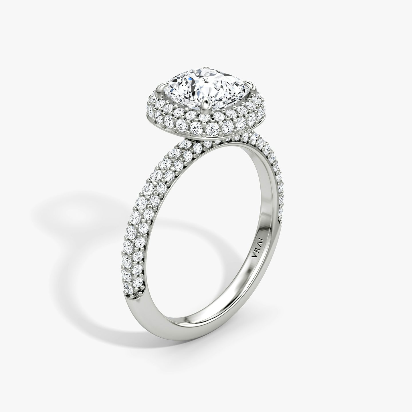 The Halo Dome | Pavé Cushion | Platinum | Band: Pavé | Diamond orientation: vertical | Carat weight: See full inventory