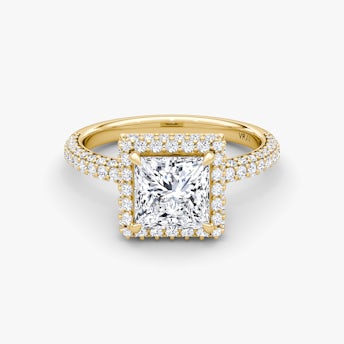 three-row dome halo engagement ring princess cut in pave yellow gold